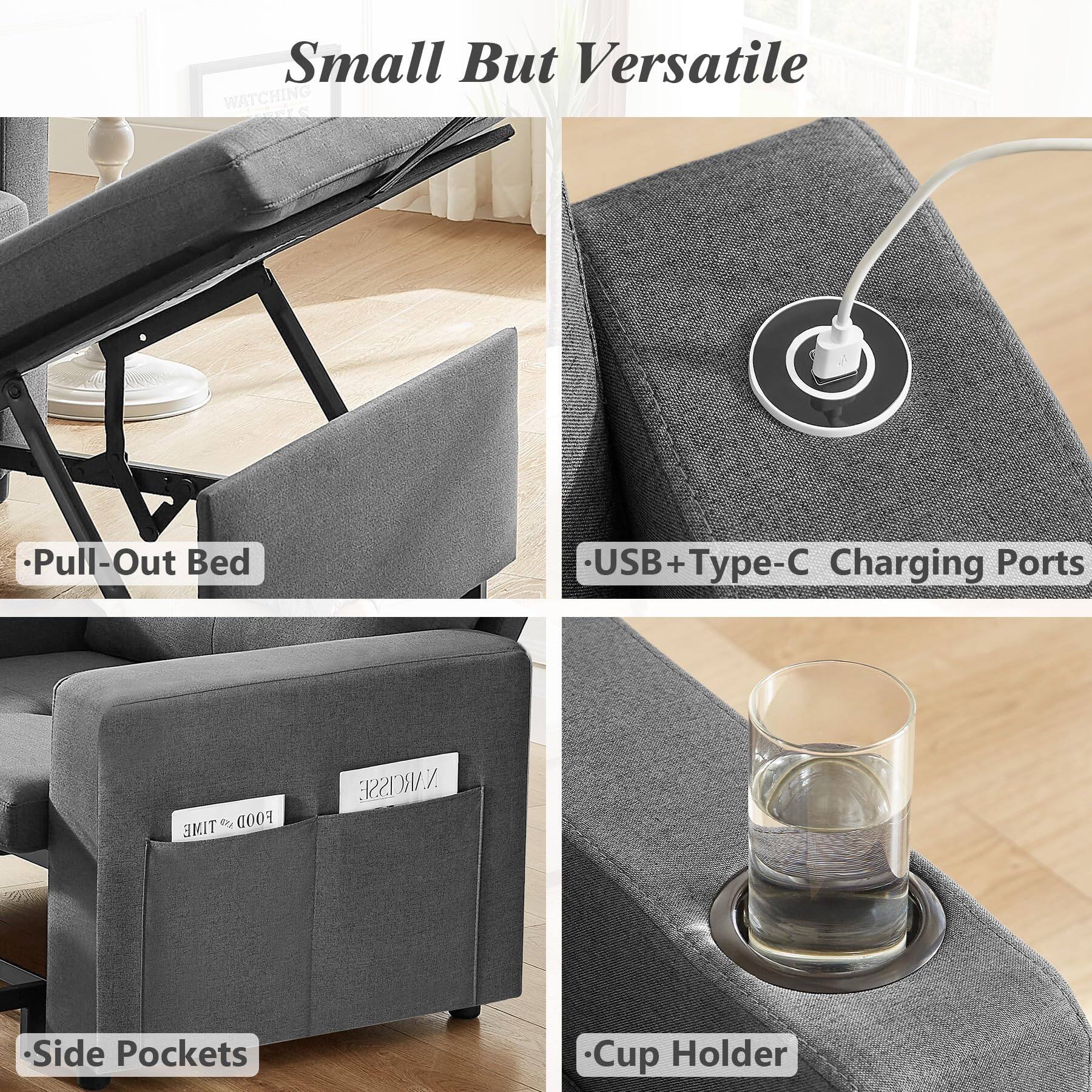 Small But Versatile

- Pull-Out Bed
- USB + Type-C Charging Ports
- Side Pockets
- Cup Holder