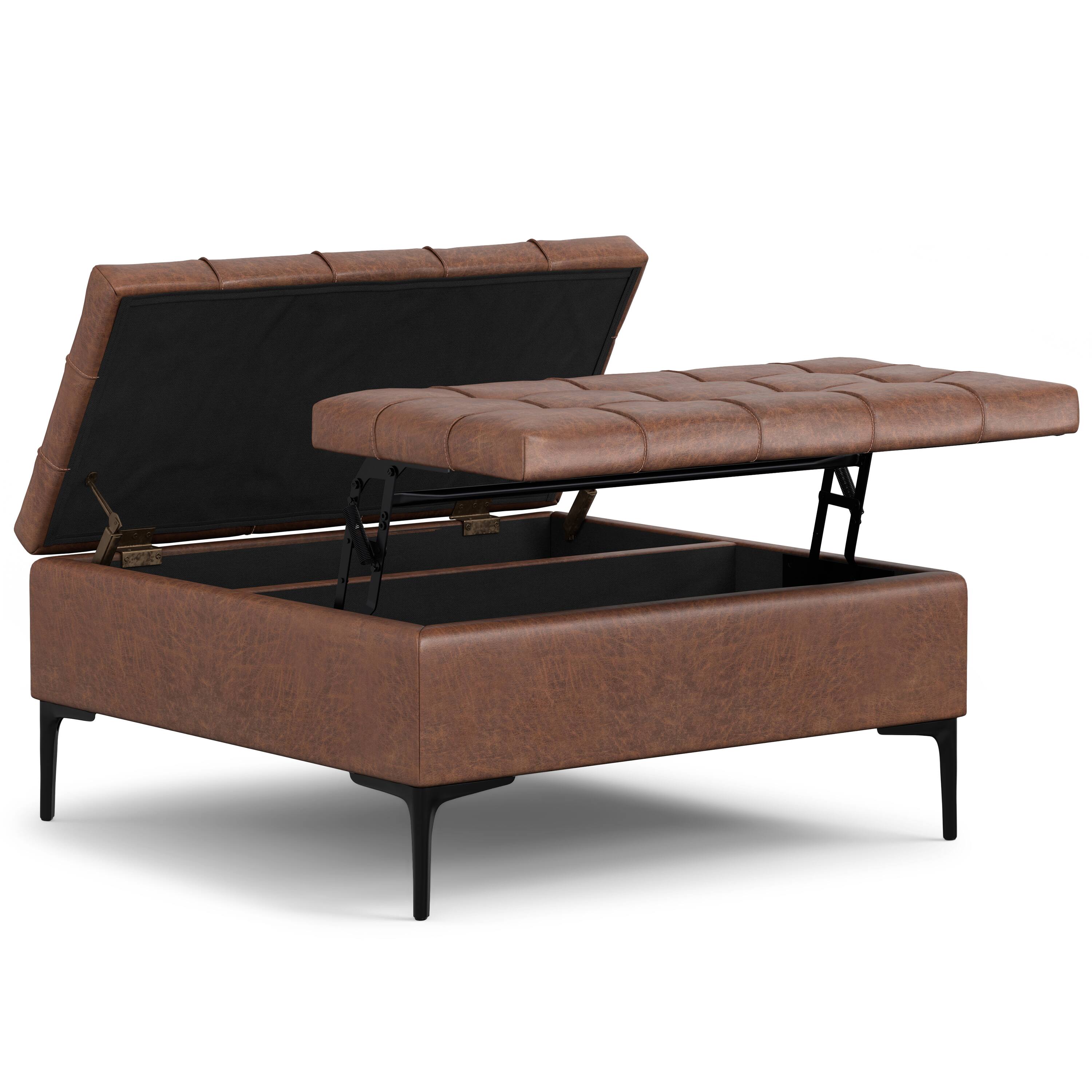 Back. Simpli Home - Laura 36 inch Wide Mid Century Square Lift Top Storage Ottoman in Distressed Saddle Brown  Vegan Faux Leather, Assembled - Distressed Saddle Brown.