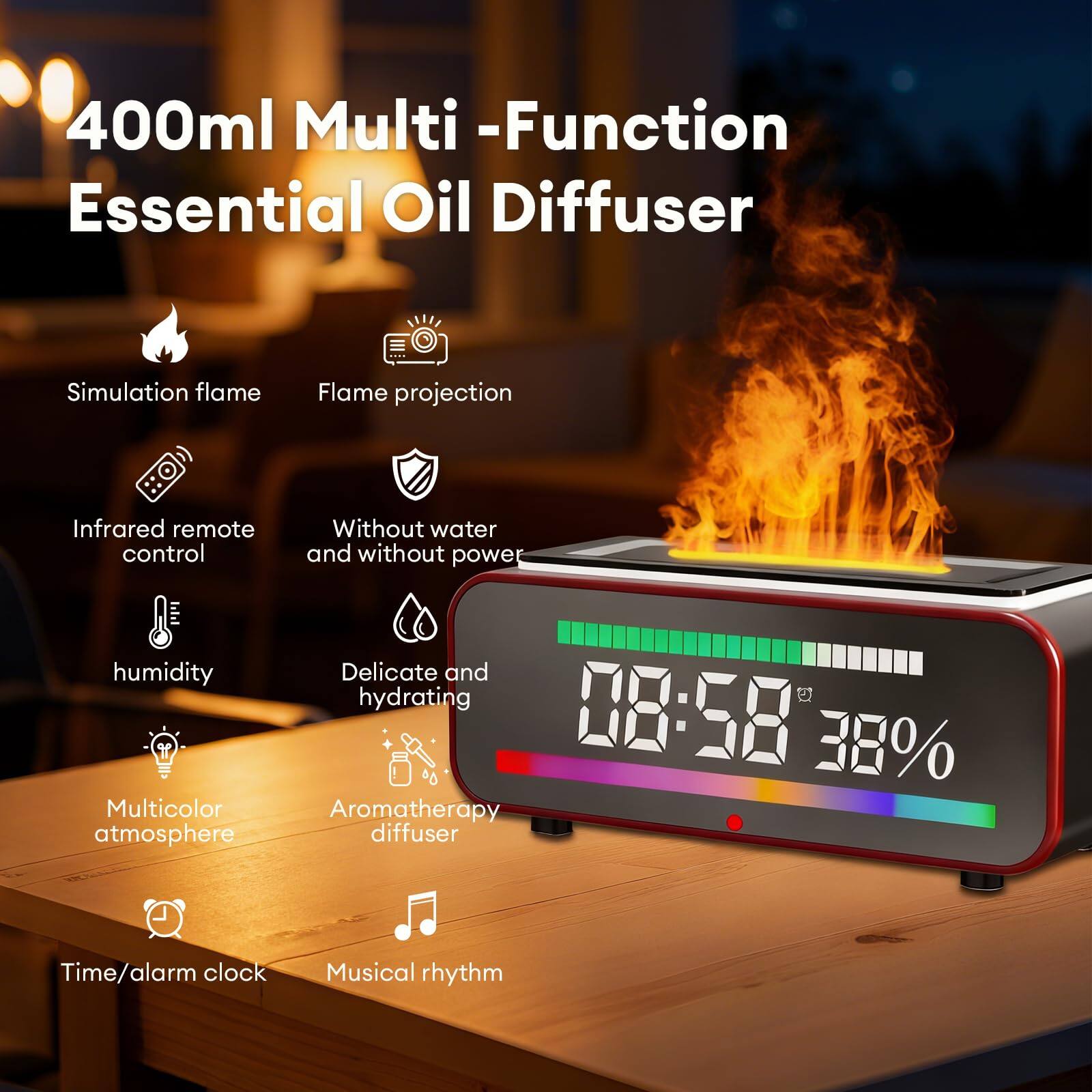 400ml Multi-Function Essential Oil Diffuser

- Simulation flame
- Flame projection
- Infrared remote control
- Without water and without power
- Humidity
- Delicate and hydrating
- Multicolor atmosphere
- Aromatherapy diffuser
- Time/alarm clock
- Musical rhythm