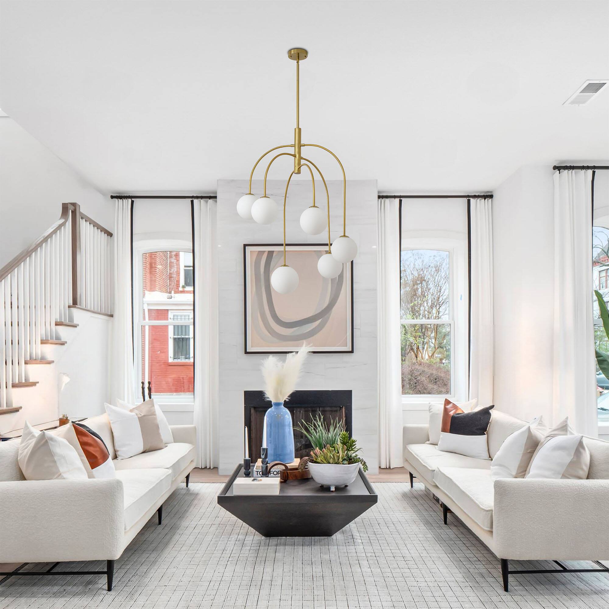 Angle. RYHNUYNE - 6-Light Gold Sputnik Chandelier,Mid Century Modern Chandelier with Milk Glass Shades,Globe Chandelier for Dining Room - Gold.