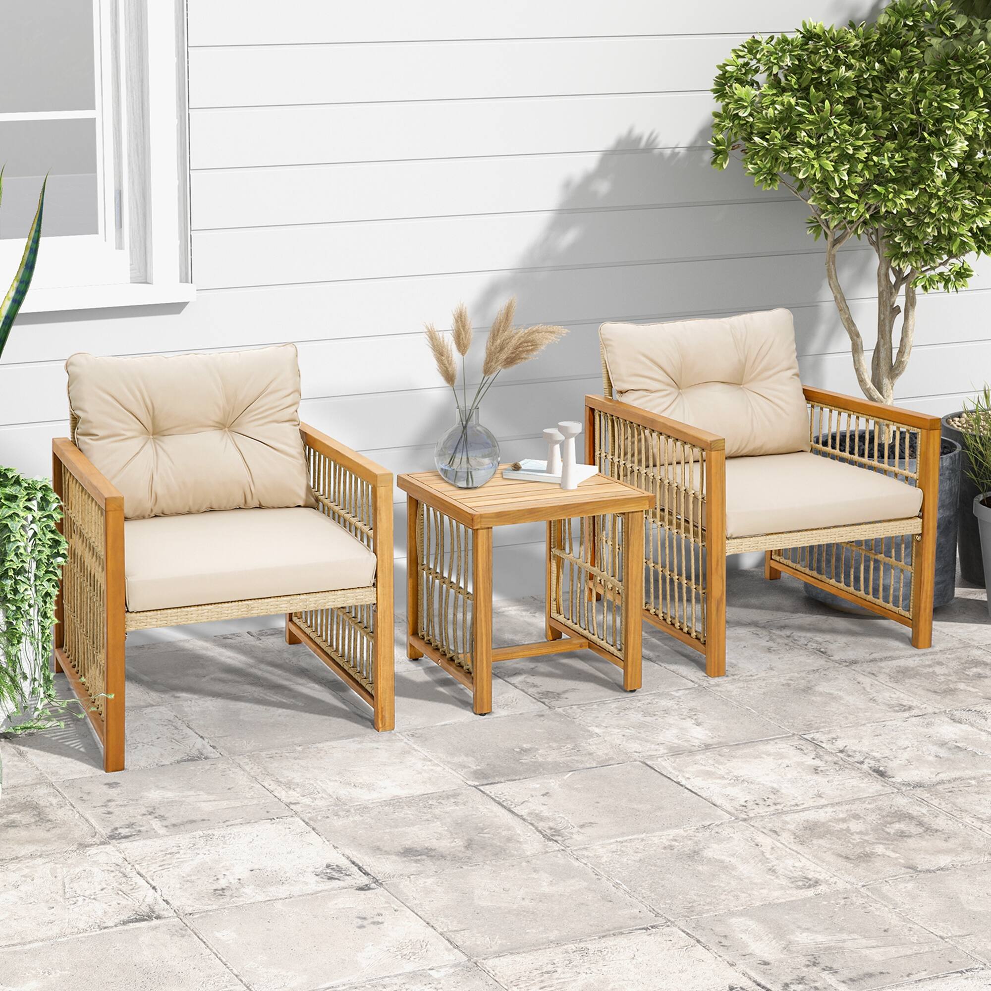 Alt View 2. Costway - Costway 3PCS Patio PE Wicker Conversation Set Acacia Wood Frame withSeat & Back Cushions - Brown.