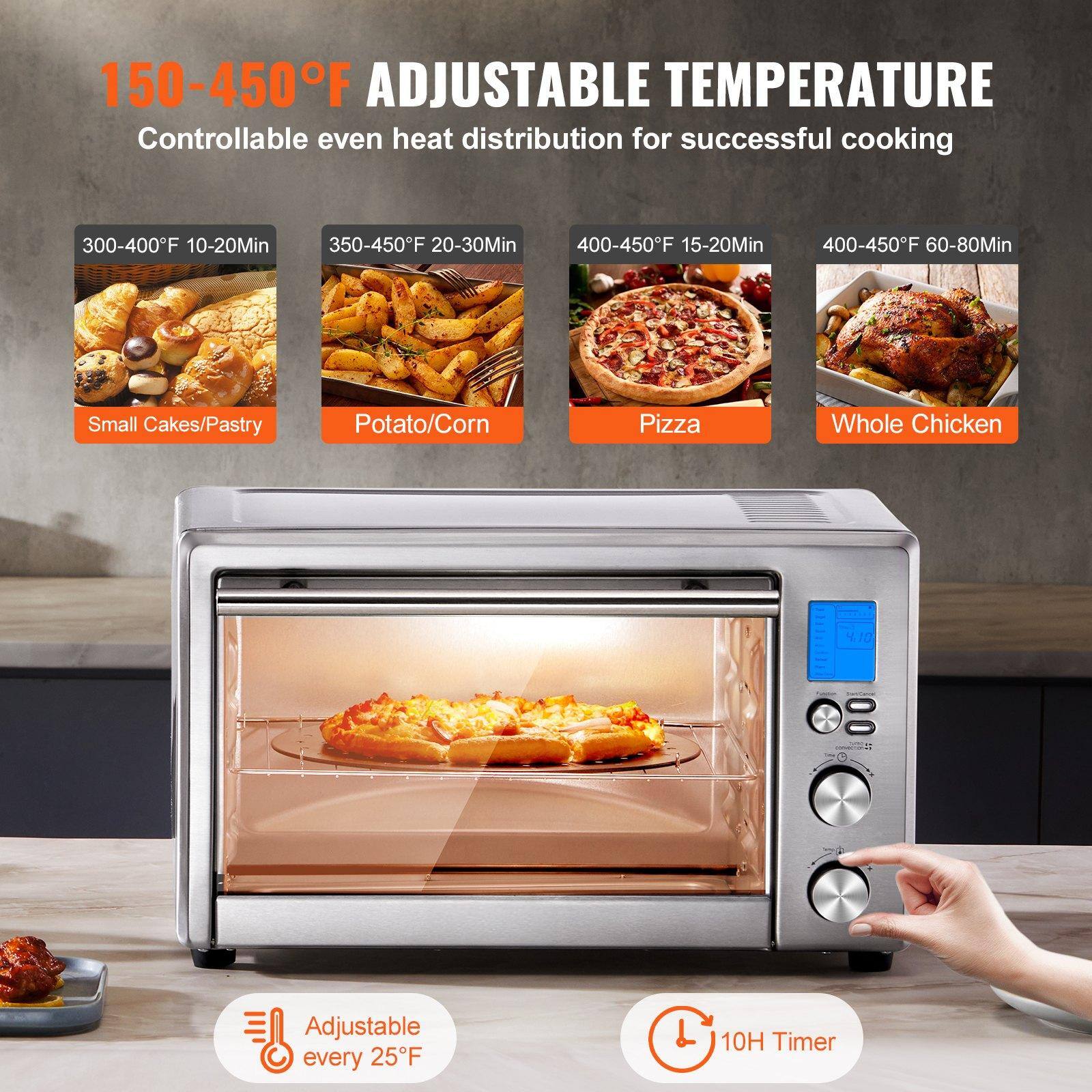 150-450°F ADJUSTABLE TEMPERATURE  
Controllable even heat distribution for successful cooking

- 300-400°F 10-20Min  
  Small Cakes/Pastry

- 350-450°F 20-30Min  
  Potato/Corn

- 400-450°F 15-20Min  
  Pizza

- 400-450°F 60-80Min  
  Whole Chicken

Adjustable every 25°F

10H Timer