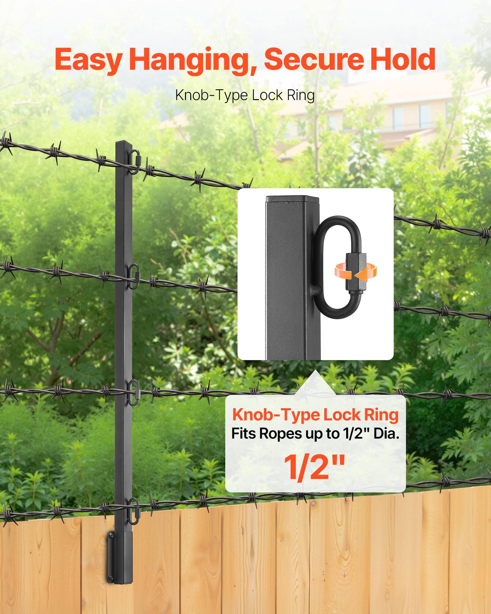 Easy Hanging, Secure Hold  
Knob-Type Lock Ring  

Knob-Type Lock Ring  
Fits Ropes up to 1/2" Dia.  
1/2"