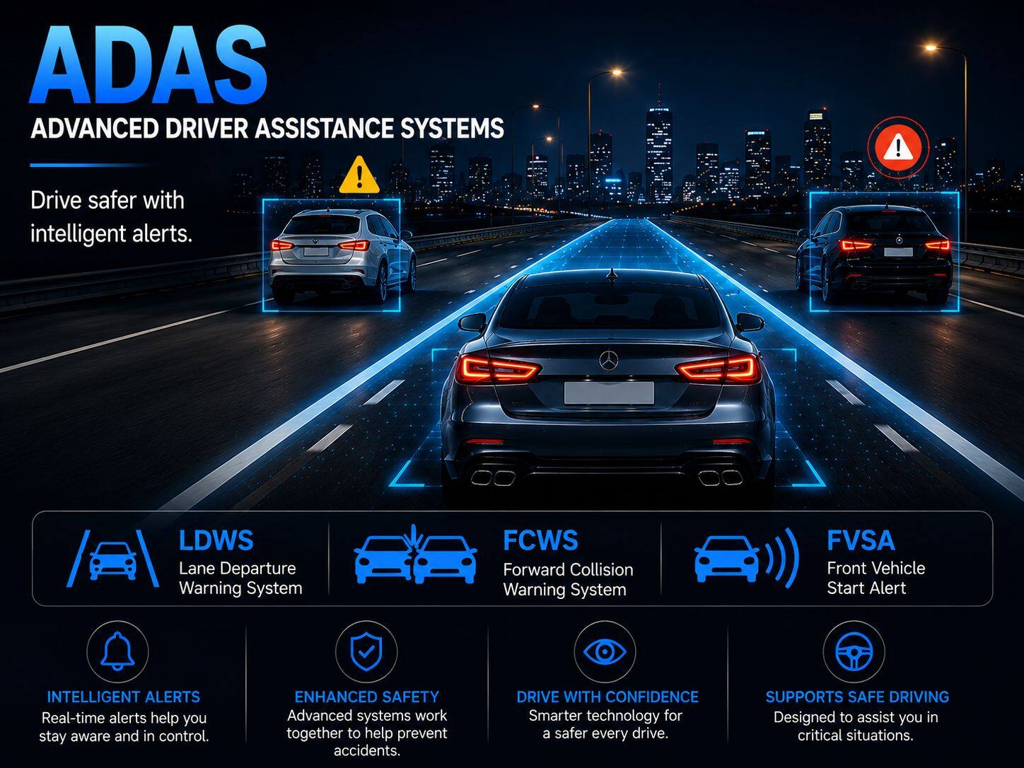 ADAS ADVANCED DRIVER ASSISTANCE SYSTEMS  
Drive safer with intelligent alerts.

LDWS Lane Departure Warning System  
FCWS Forward Collision Warning System  
FVSA Front Vehicle Start Alert

INTELLIGENT ALERTS  
Real-time alerts help you stay aware and in control.

ENHANCED SAFETY  
Advanced systems work together to help prevent accidents.

DRIVE WITH CONFIDENCE  
Smarter technology for a safer every drive.

SUPPORTS SAFE DRIVING  
Designed to assist you in critical situations.
