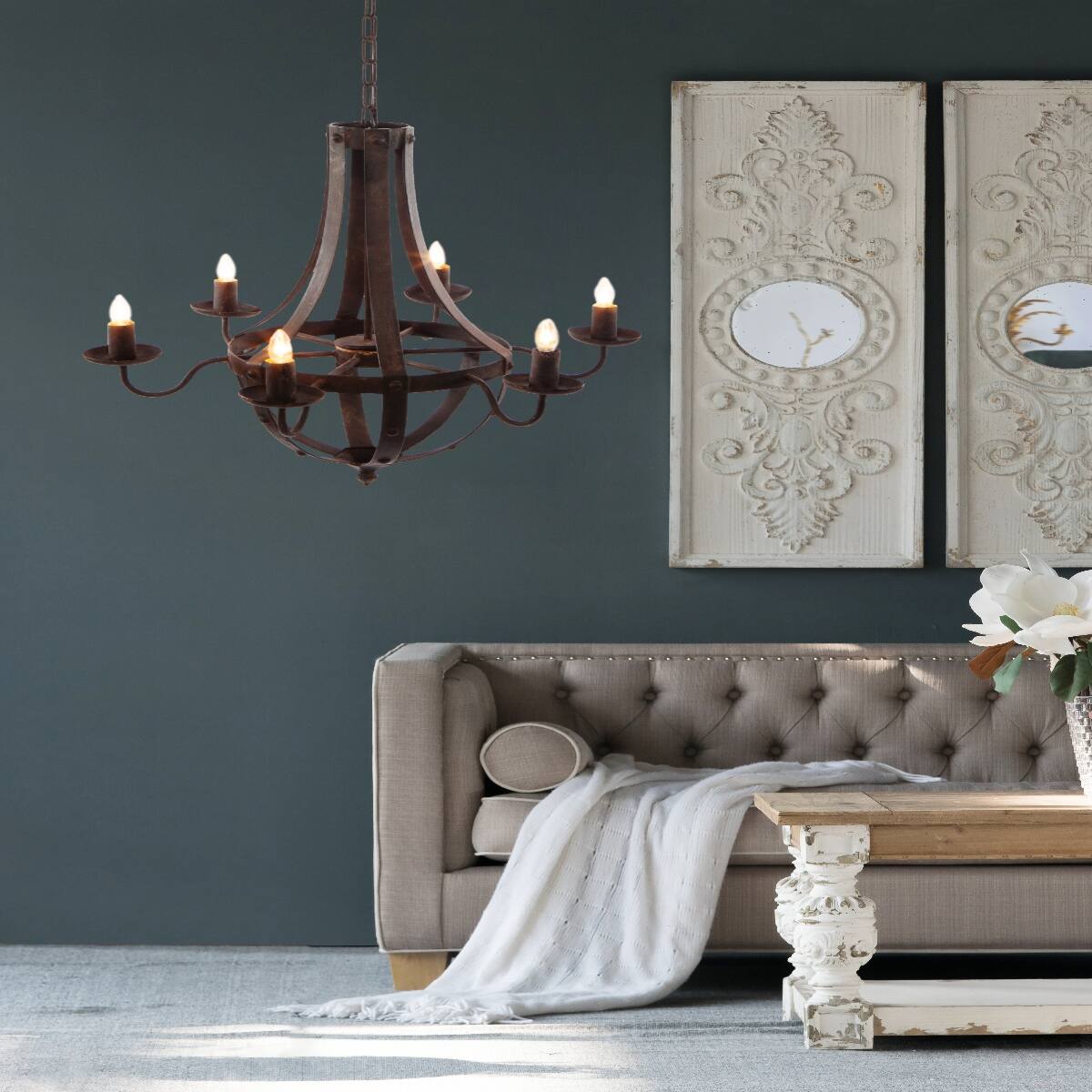 Alt View 1. Loheer - Loheer 6-Light Black Iron Chandelier with Adjustable Chain for Dining Room and Foyer.