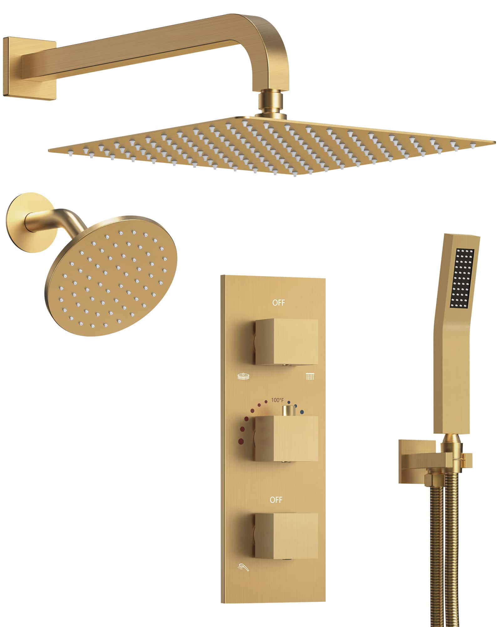 GRANDJOY - Thermostatic Dual Shower Faucet Kit with 10" Overhead Rain Shower and 59" Stainless Hose Handheld Shower Head - Chrome