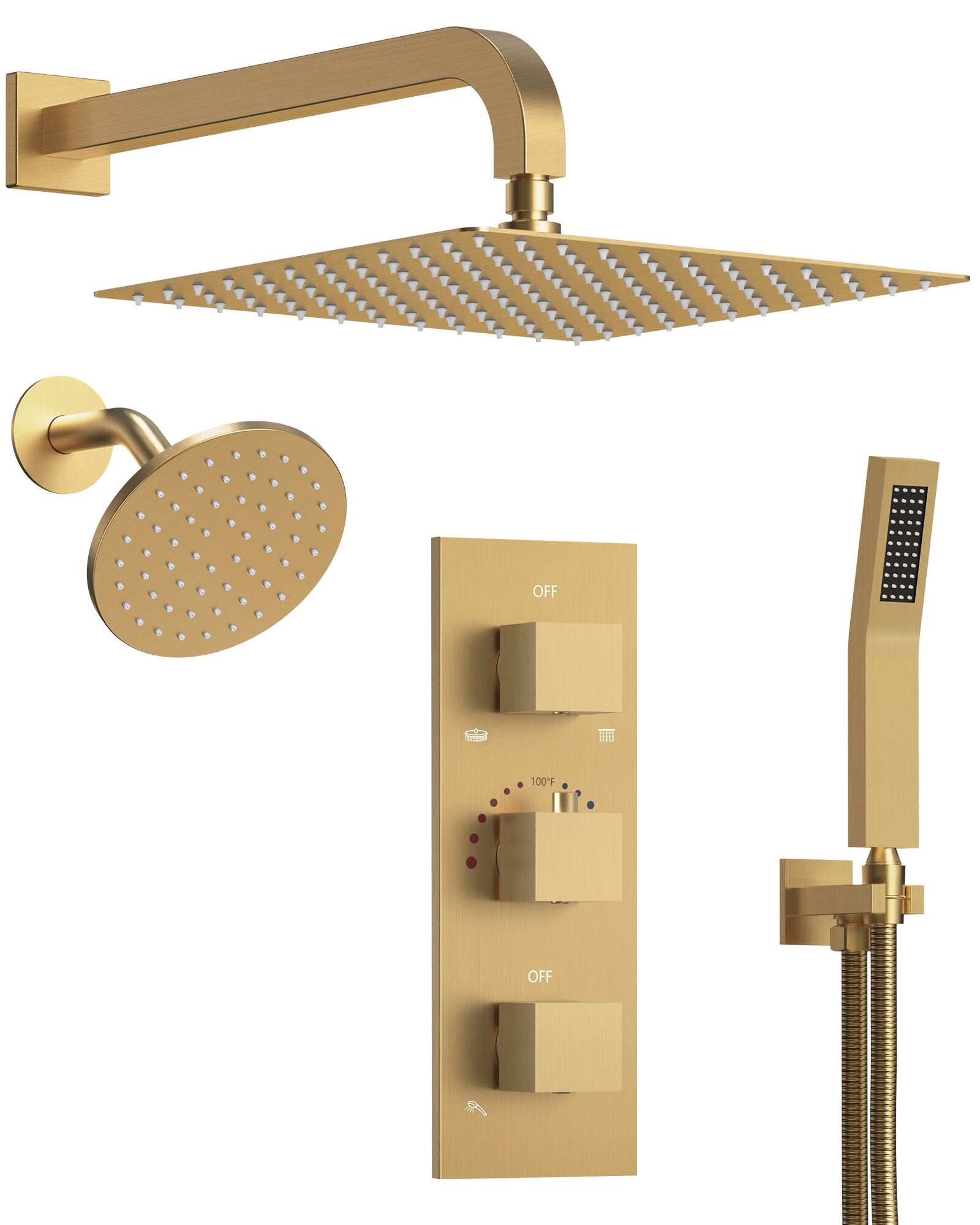 GRANDJOY - Thermostatic Dual Shower Faucet Kit with 10" Overhead Rain Shower and 59" Stainless Hose Handheld Shower Head - Chrome