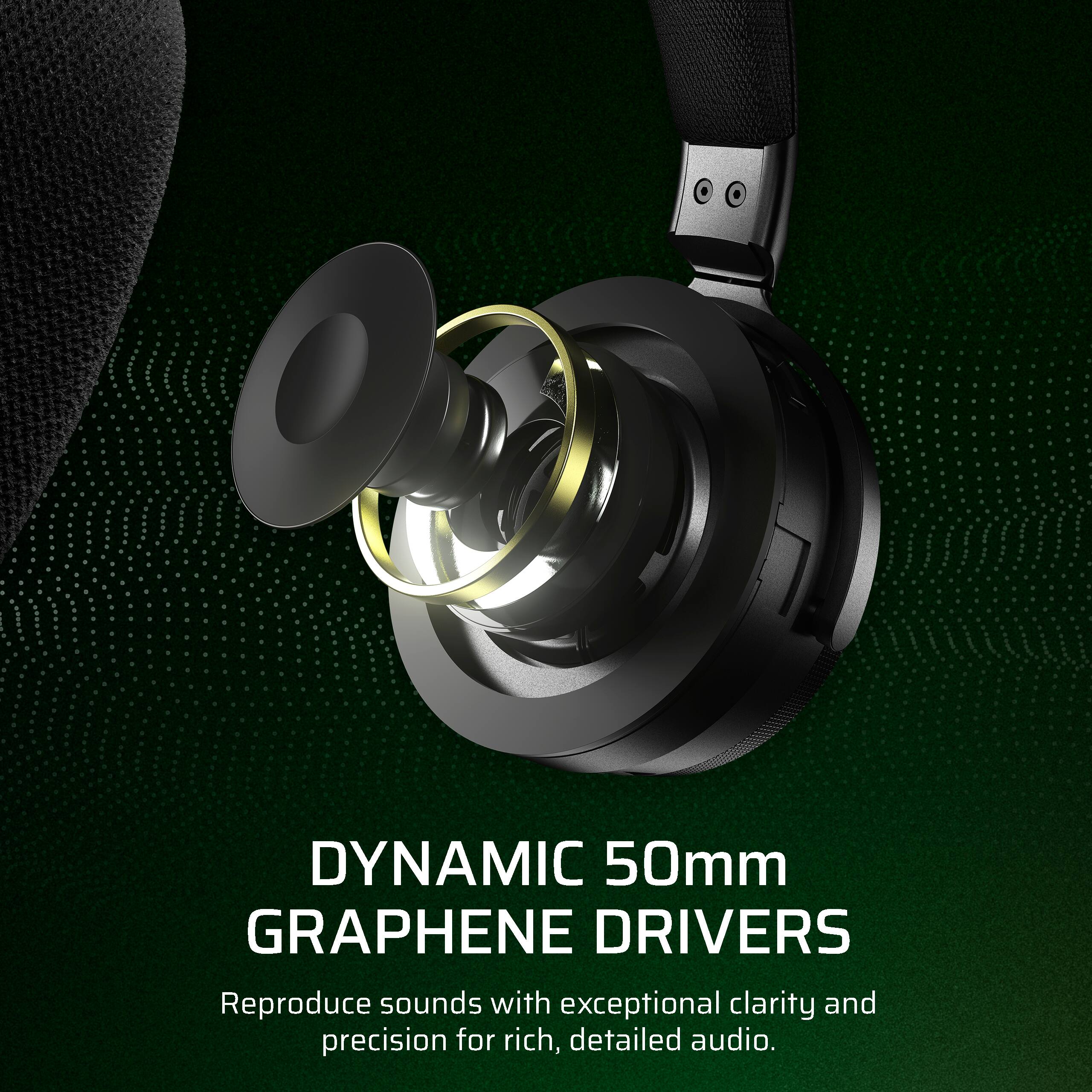The text on the image reads: "Dynamic 50mm Graphene Drivers Reproduce sounds with exceptional clarity and precision for rich, detailed audio."