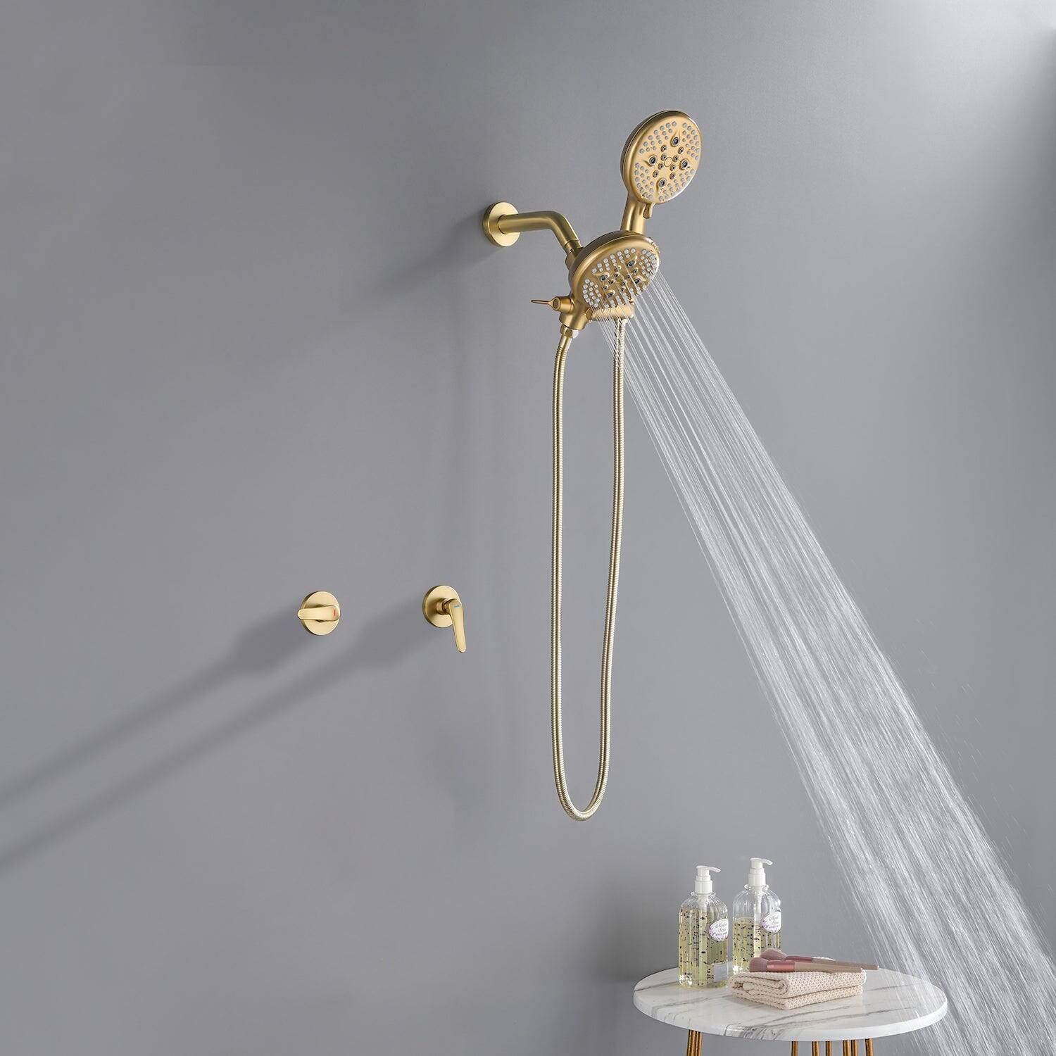 Alt View 4. Boyel Living - Brushed Gold Shower Set with Dual Handles and 5 Function ABS Dual Shower Heads - Brushed Gold.