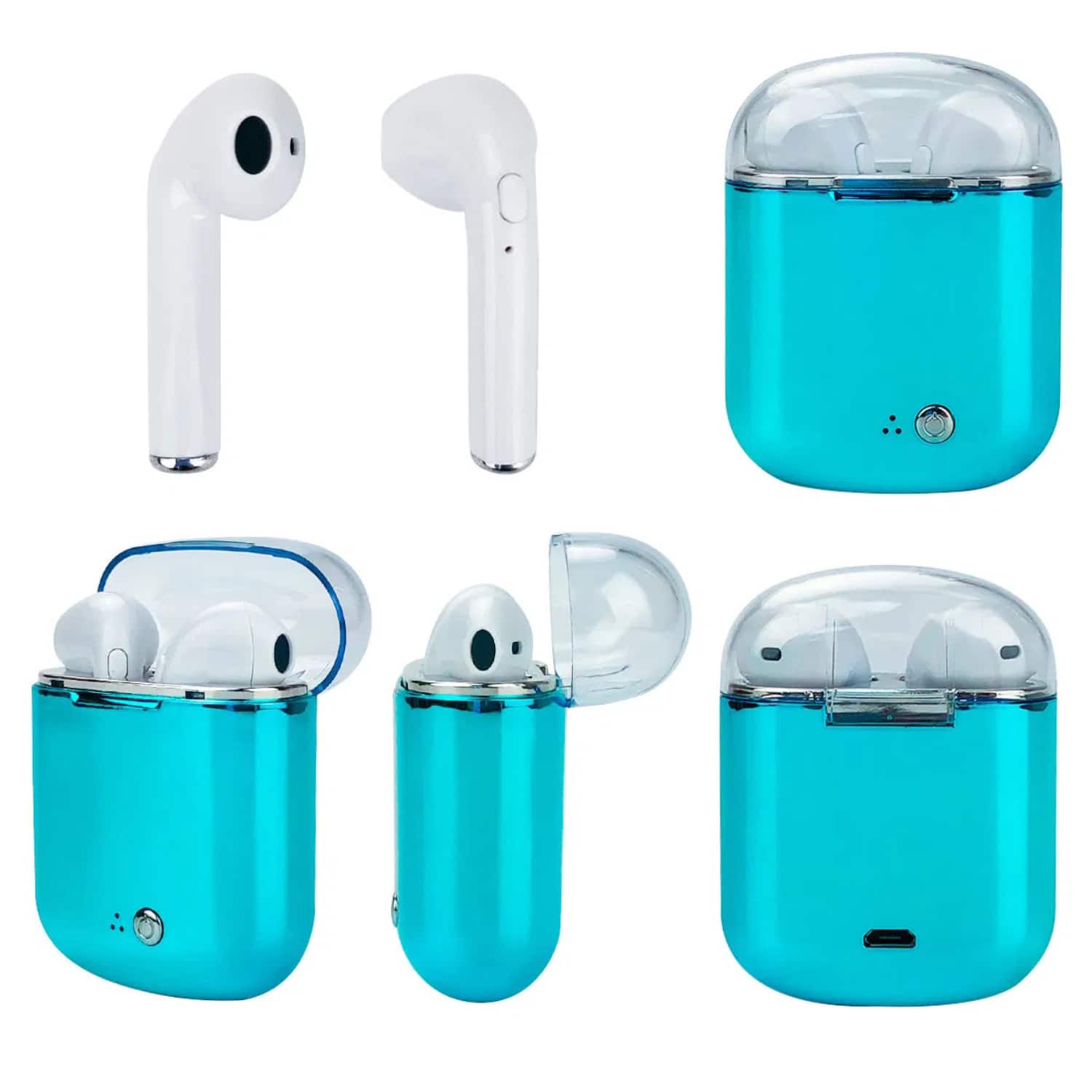 Stock Preferred - Clear Top Dual Chamber Wireless Bluetooth Earphones with Charging Box - Metallic Blue