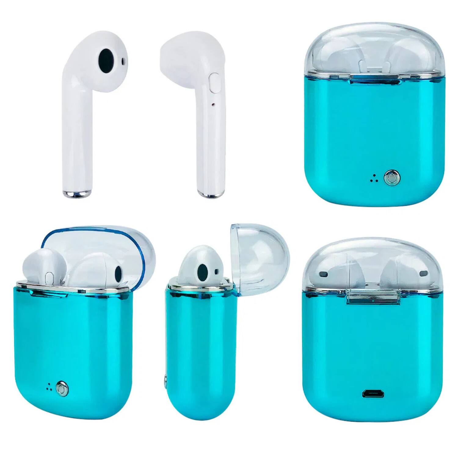 Front. Stock Preferred - Clear Top Dual Chamber Wireless Bluetooth Earphones with Charging Box - Metallic Blue.