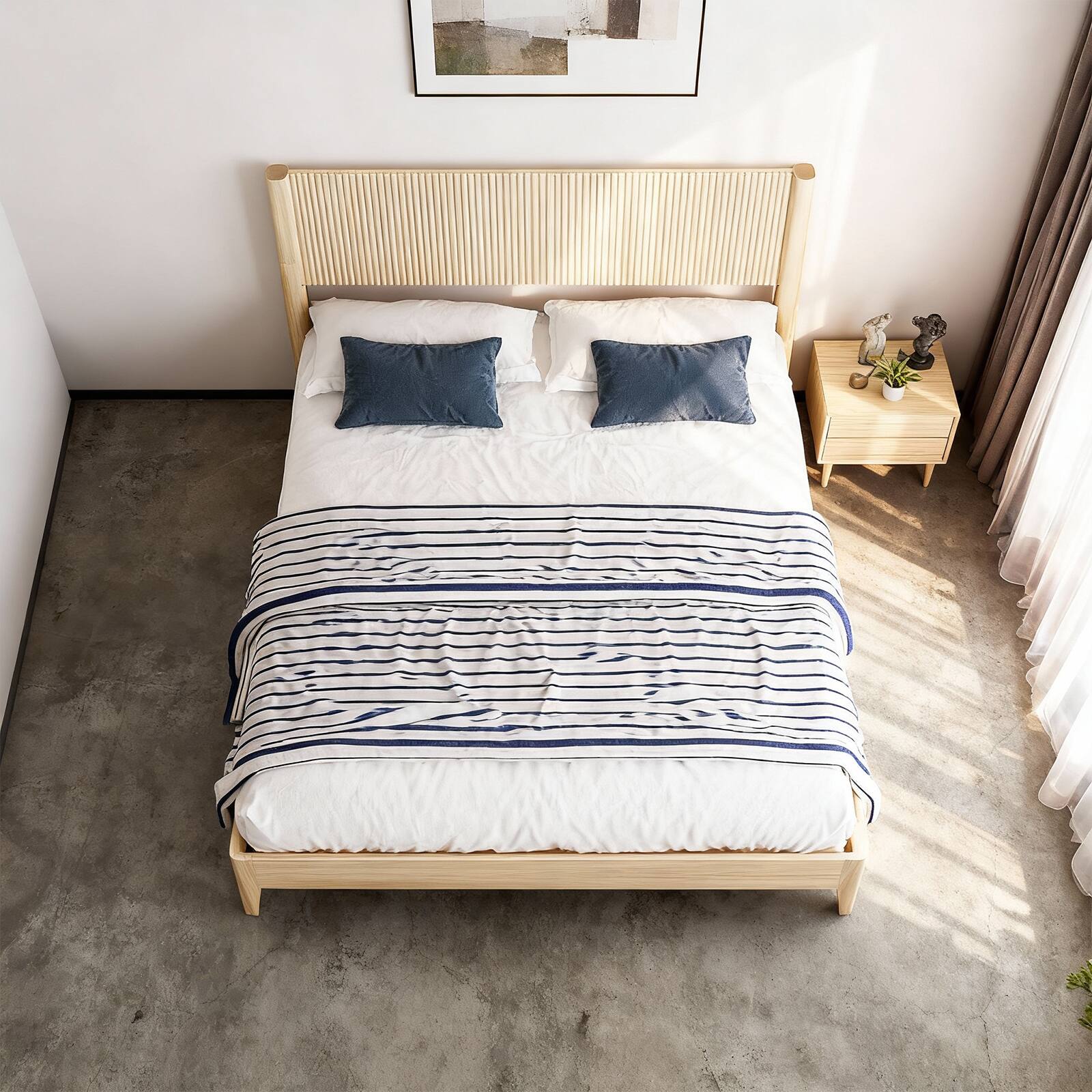 Alt View 6. Winado - Fluted King Size Bed Frame with Headboard, Solid Wood Single Platform Panel Bed with 6 inch Under Bed Storage Space - Natural Wood.