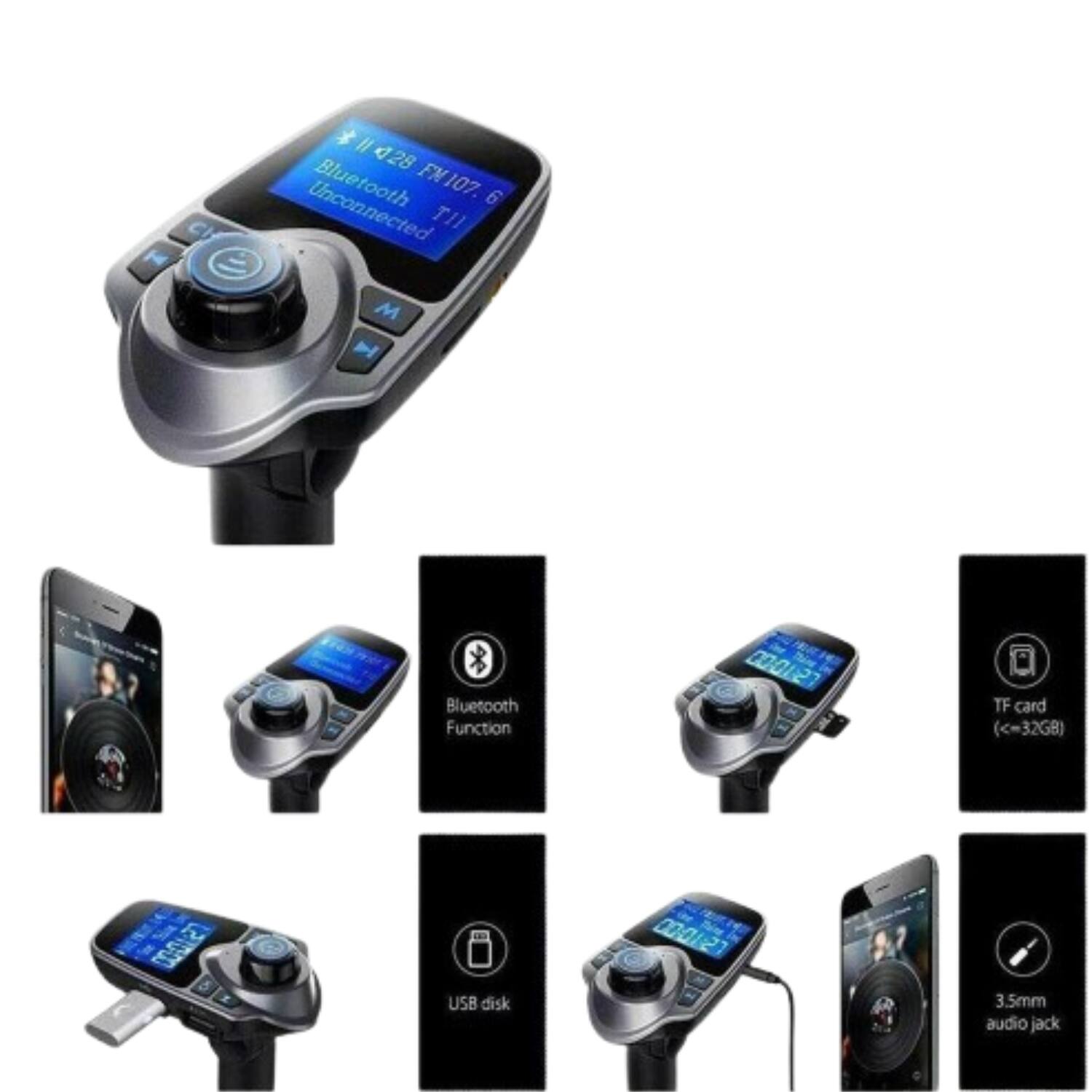 Sure, here is the corrected and grouped text:

---

**Model:** 428 FN Bluetooth FN107

**Features:**
- 6 Channel
- Unconnected
- Bluetooth Function
- TF card (<=32GB)
- USB disk
- 3.5mm audio jack

**Bluetooth Function**

**USB disk**

**TF card (<=32GB)**

**3.5mm audio jack**

---