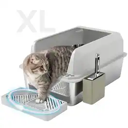 Pawhut - XL Litter Box, Metal Litter Box High Sided, Anti-Urine Leakage, Metal Scoop & Scoop Holder, 24" x 16" x 11" - Light Gray