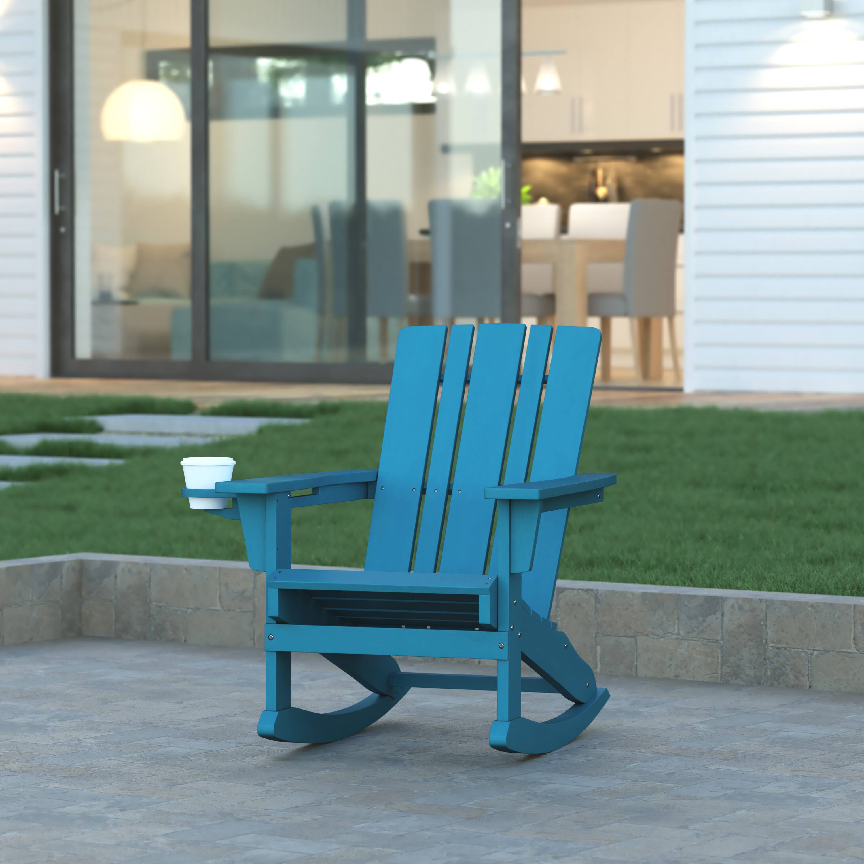 Alt View 1. Emma + Oliver - Haley Adirondack Rocking Chair with Cup Holder, Weather Resistant HDPE Adirondack Rocking Chair - Blue.