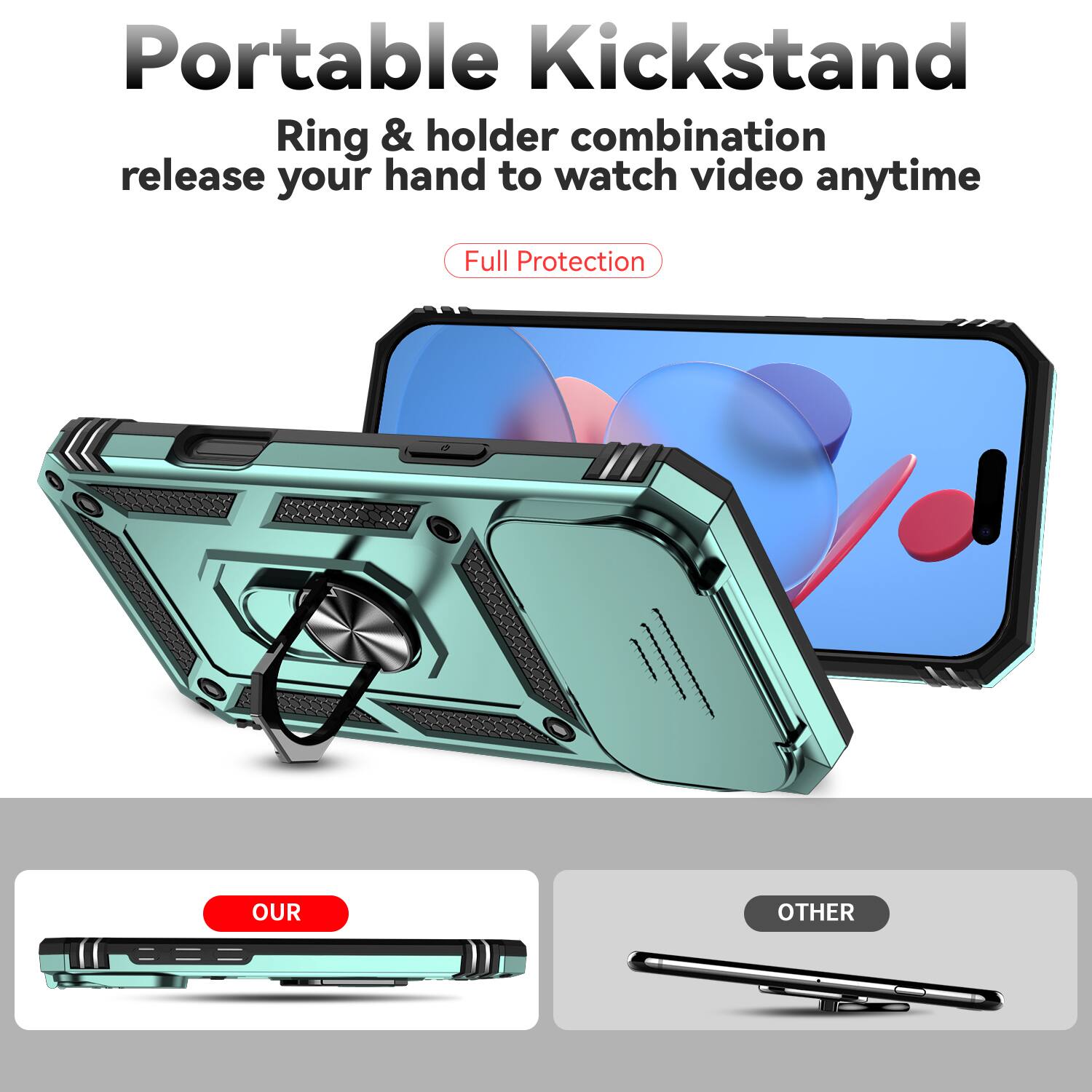 Portable Kickstand  
Ring & holder combination release your hand to watch video anytime  
Full Protection  

OUR  
OTHER