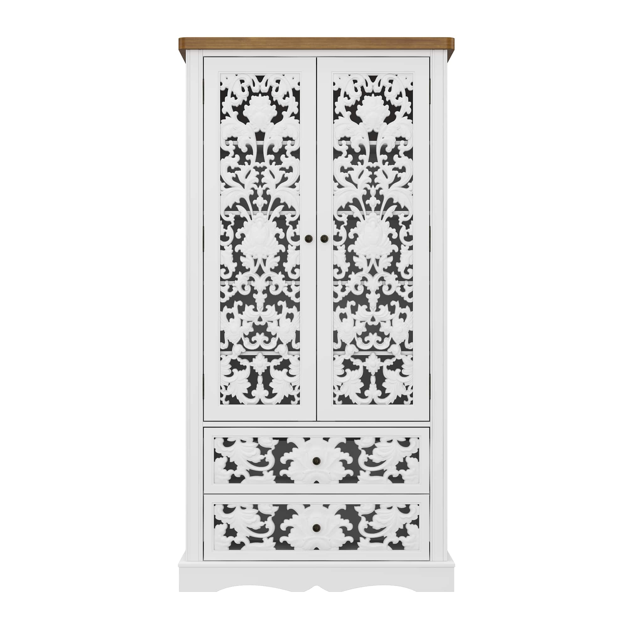 Photos - Dresser / Chests of Drawers Cabinet Famapy - Decorative Storage with Hollow - Out Floral Design - White & Wooden