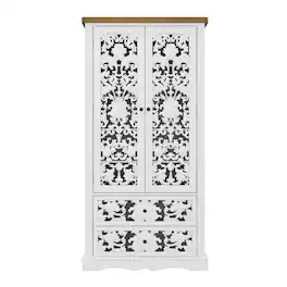 Famapy - Decorative Storage Cabinet with Hollow - Out Floral Design - White & Wooden
