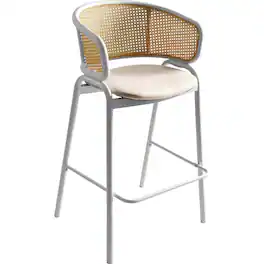 LeisureMod - Ervilla Wicker Bar Stool with Fabric Seat, Mid-Century Modern Counter Height Stool with Steel Frame - White