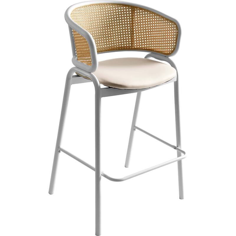 Front. LeisureMod - Ervilla Wicker Bar Stool with Fabric Seat, Mid-Century Modern Counter Height Stool with White Steel Frame - White.