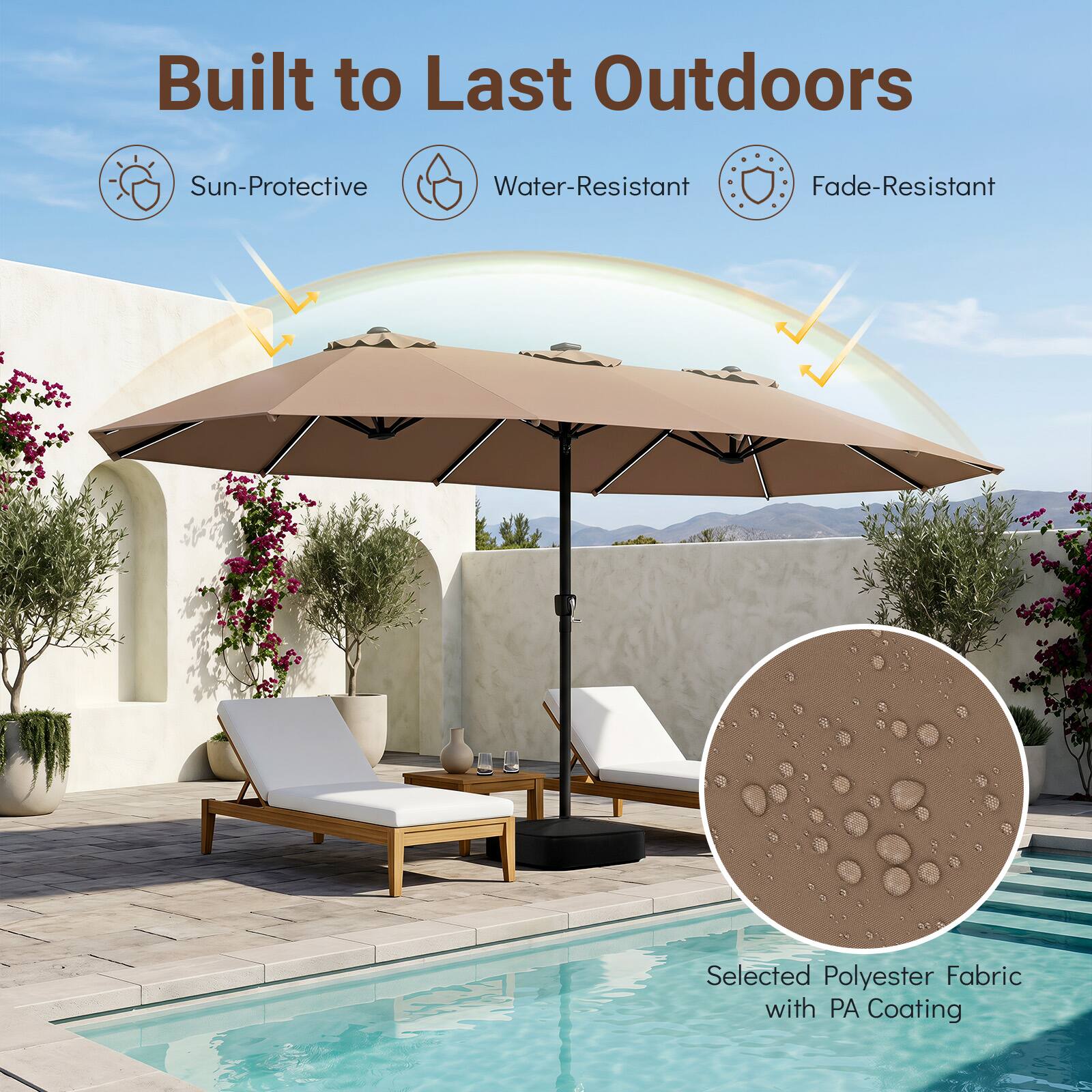 Built to Last Outdoors

Sun-Protective  
Water-Resistant  
Fade-Resistant  

Selected Polyester Fabric with PA Coating