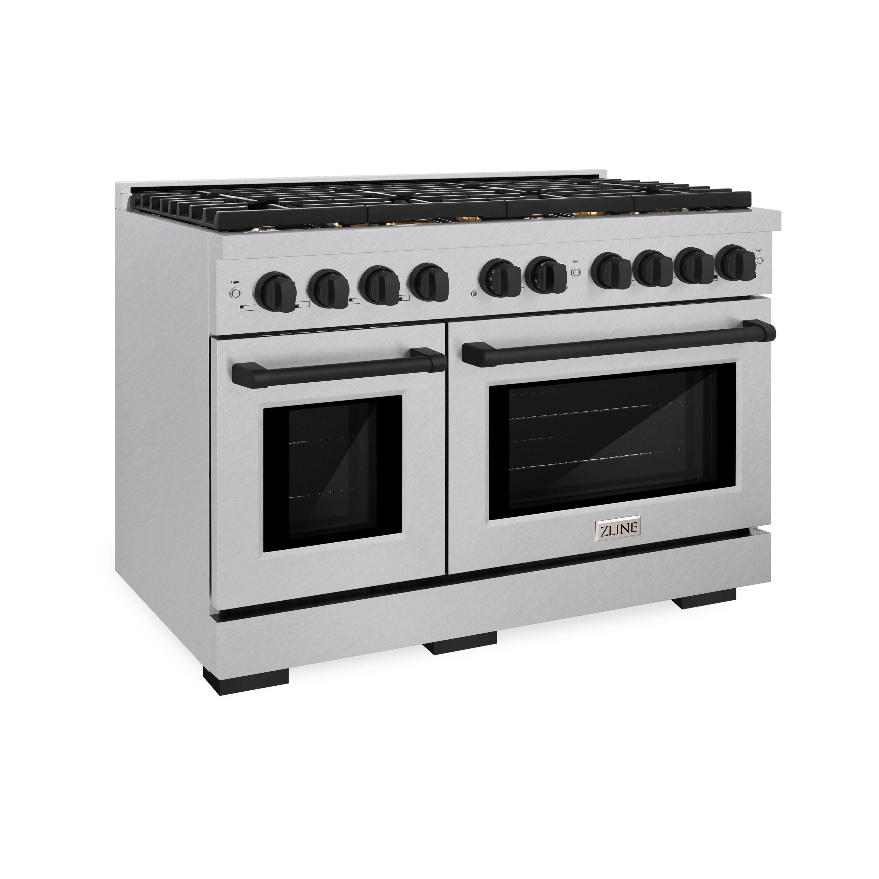 Left. ZLINE - ZLINE Autograph 48 in. Paramount Dual Fuel Satin Steel Range w/ 8 Burners & Black Accents (SDRSZ-48-MB) - Stainless Steel.