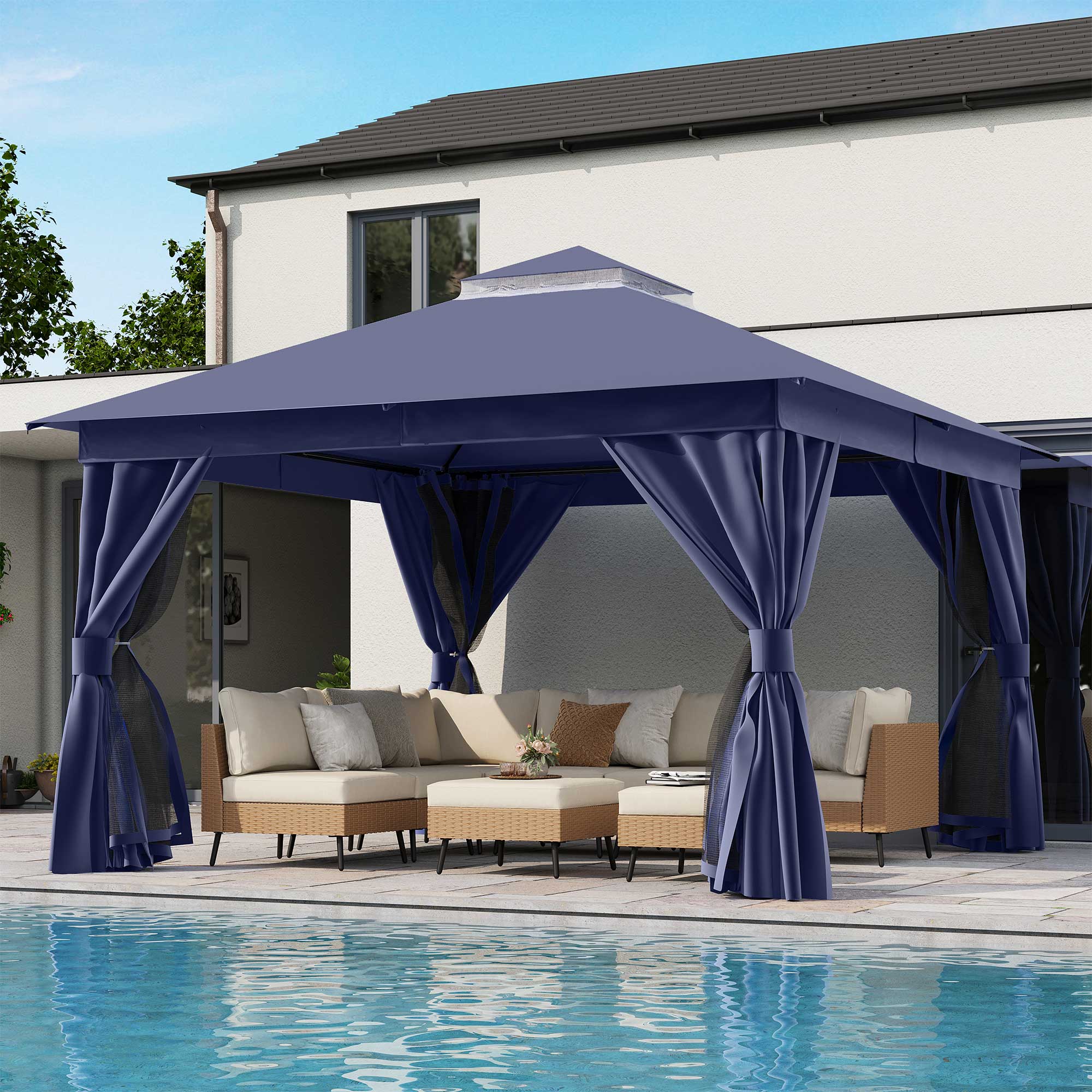 Angle. Decksplore - Semi-Permanent Patio Gazebo 12'x12' with Double Roofs, Mosquito Nettings and Privacy Screens - Blue.