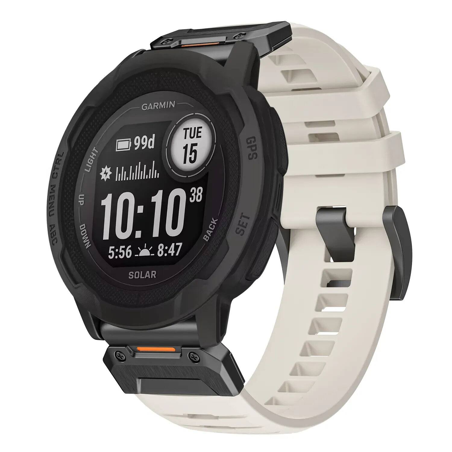 GARMIN TUE 99d GPS LIGHT 15 CTRL MENU UP 38 ABC DOWN 10:10 BACK SET 5:56 8:47 SOLAR