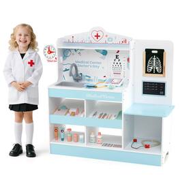 Costway - Wooden Doctor Play Set with Clock Sink Eye Chart ECG Monitor Exam Area Storage - Blue