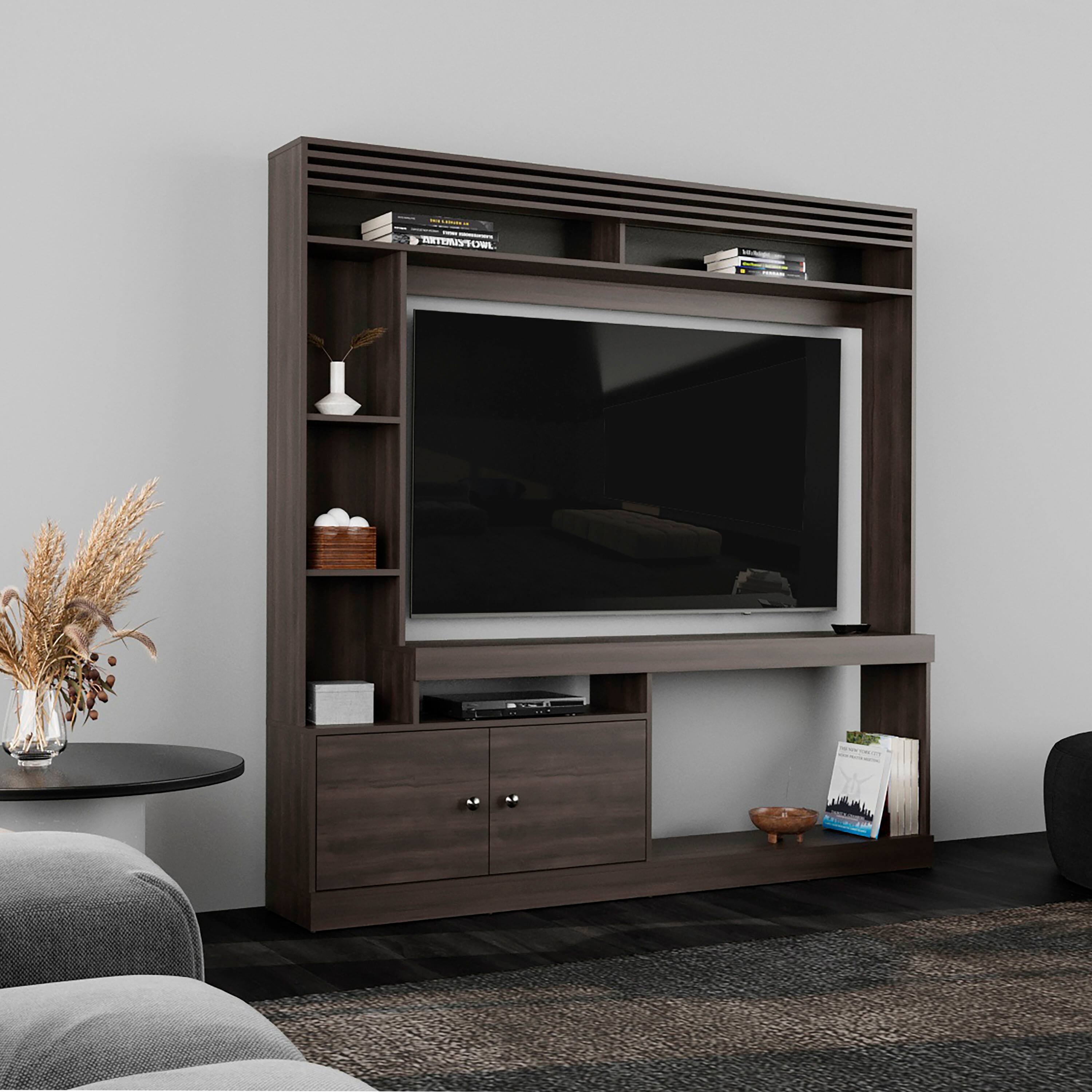 Front. APRILSOUL - 71 Wide Freestanding Entertainment Center 8 Shelves Bookcase Dark Walnut - brown.
