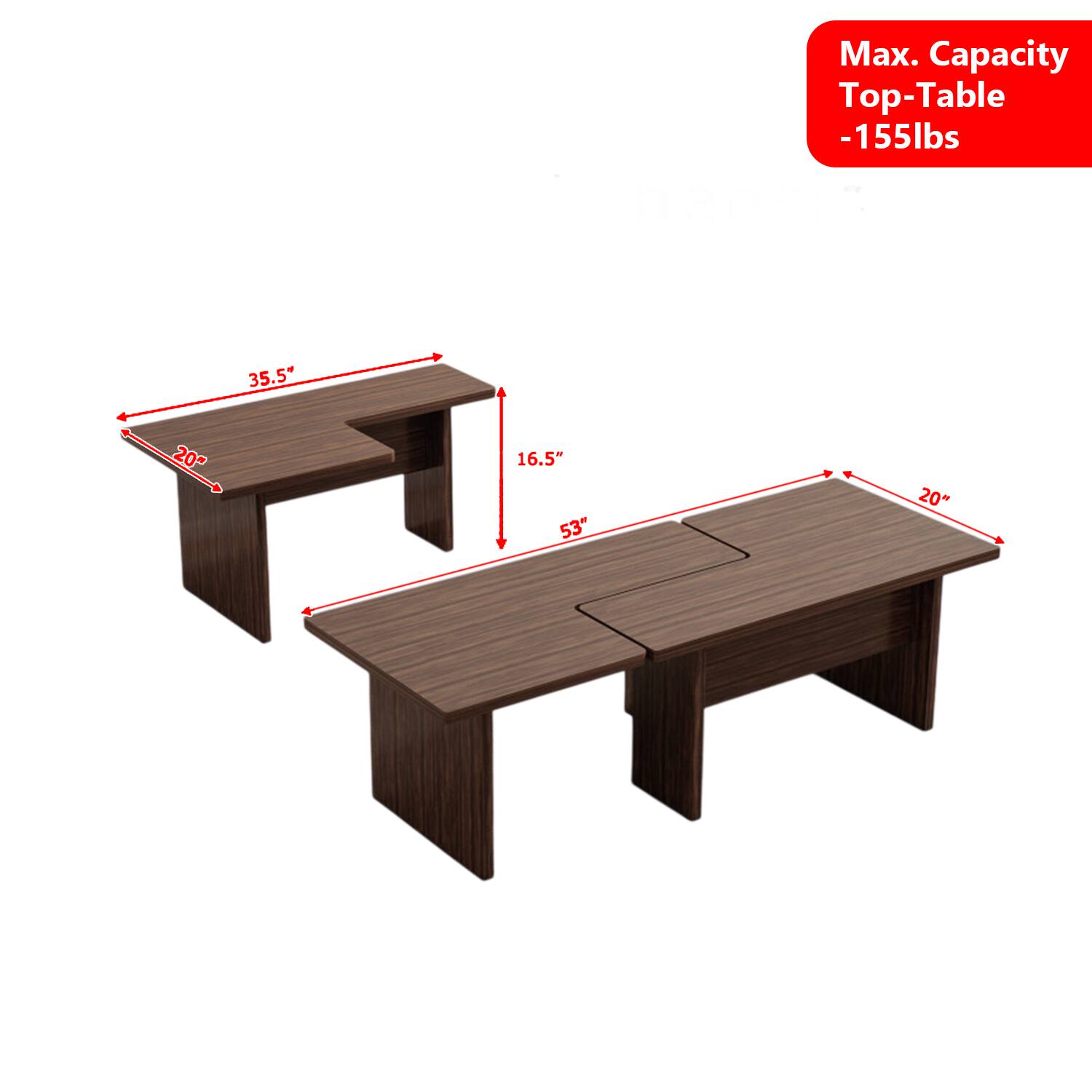 Max. Capacity Top-Table -155lbs  
35.5" x 20" x 16.5"  
53" x 20"