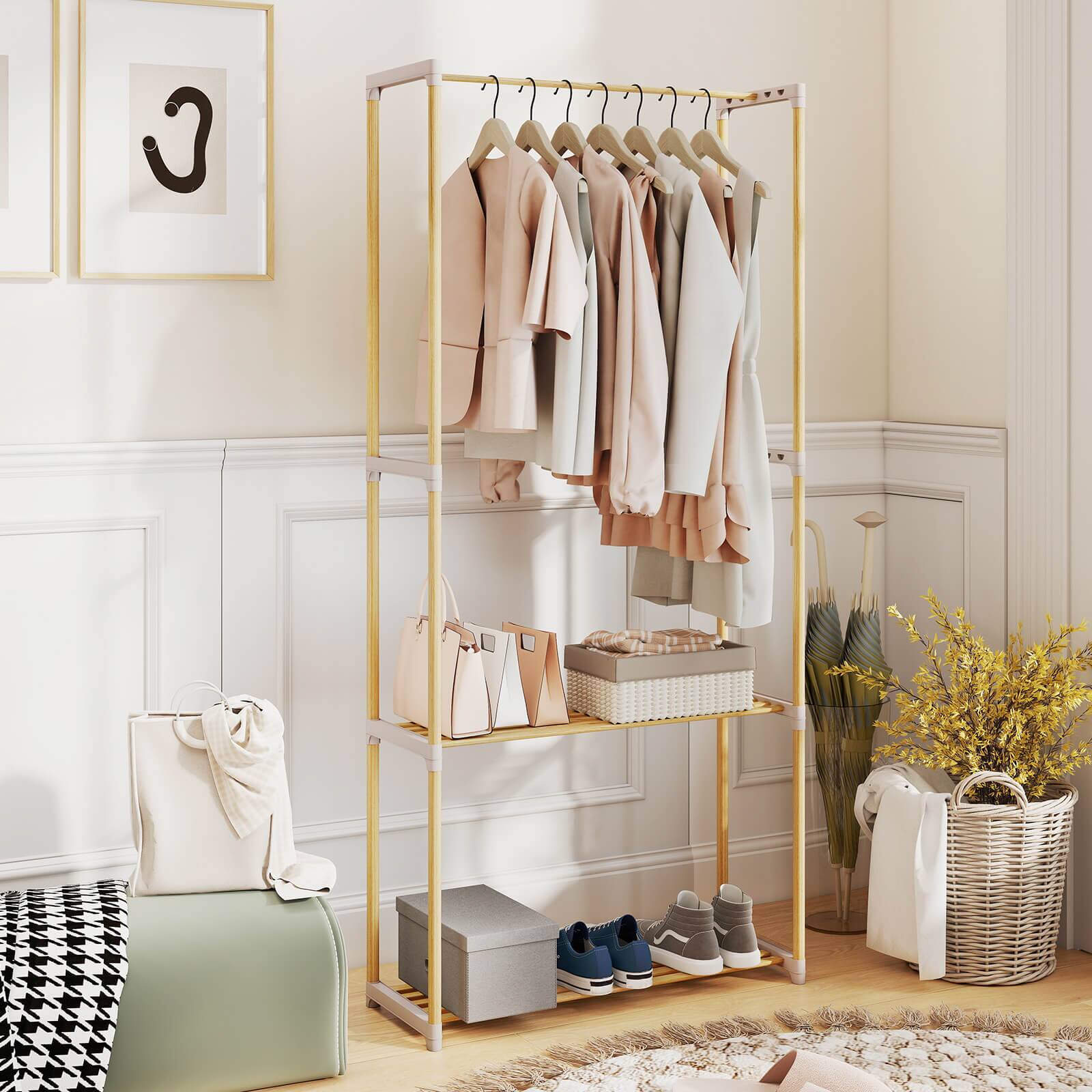 Alt View 3. Costway - Costway Pine Wood Clothes Rack with 2-Tier Open Storage Shelf for Bedroom, Wardrobe Closet - Natural,Gray.