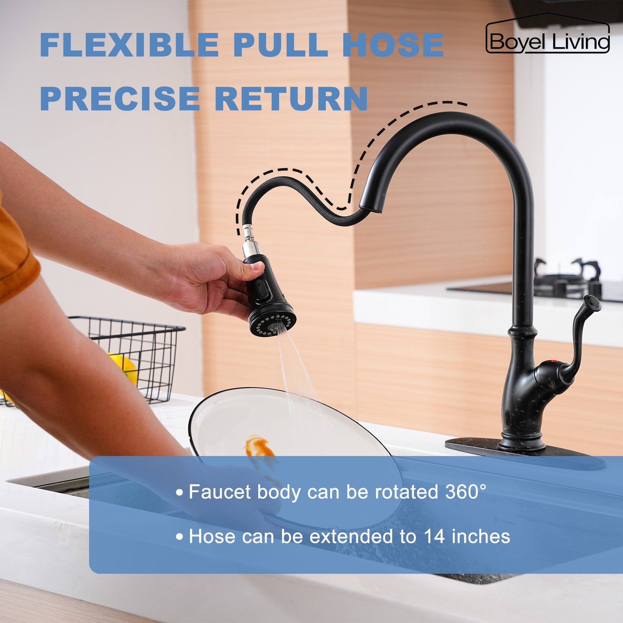 FLEXIBLE PULL HOSE Boyel Living PRECISE RETURN Faucet body can be rotated 360° Hose can be extended to 14 inches