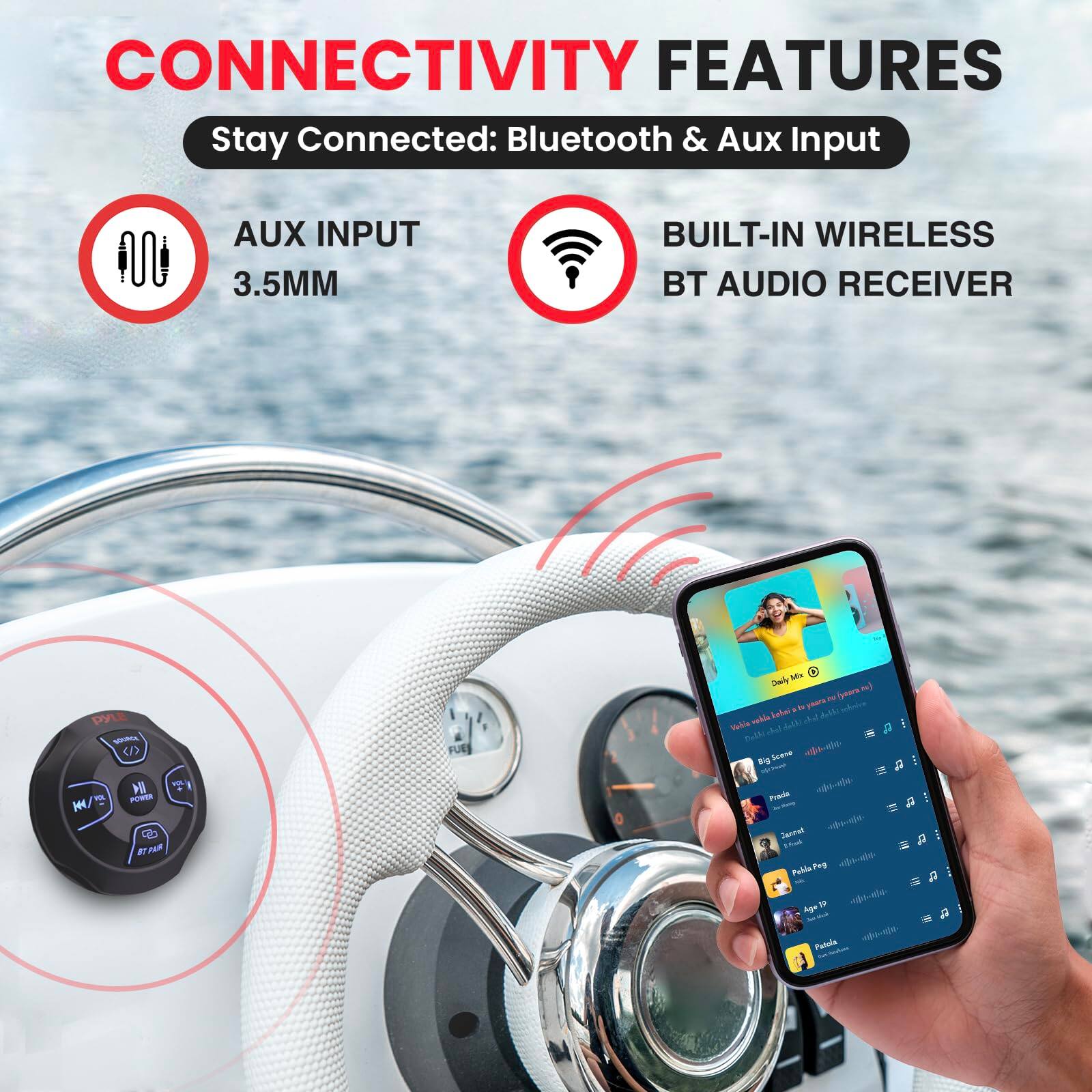 CONNECTIVITY FEATURES  
Stay Connected: Bluetooth & Aux Input  

AUX INPUT  
3.5MM  

BUILT-IN WIRELESS BT AUDIO RECEIVER