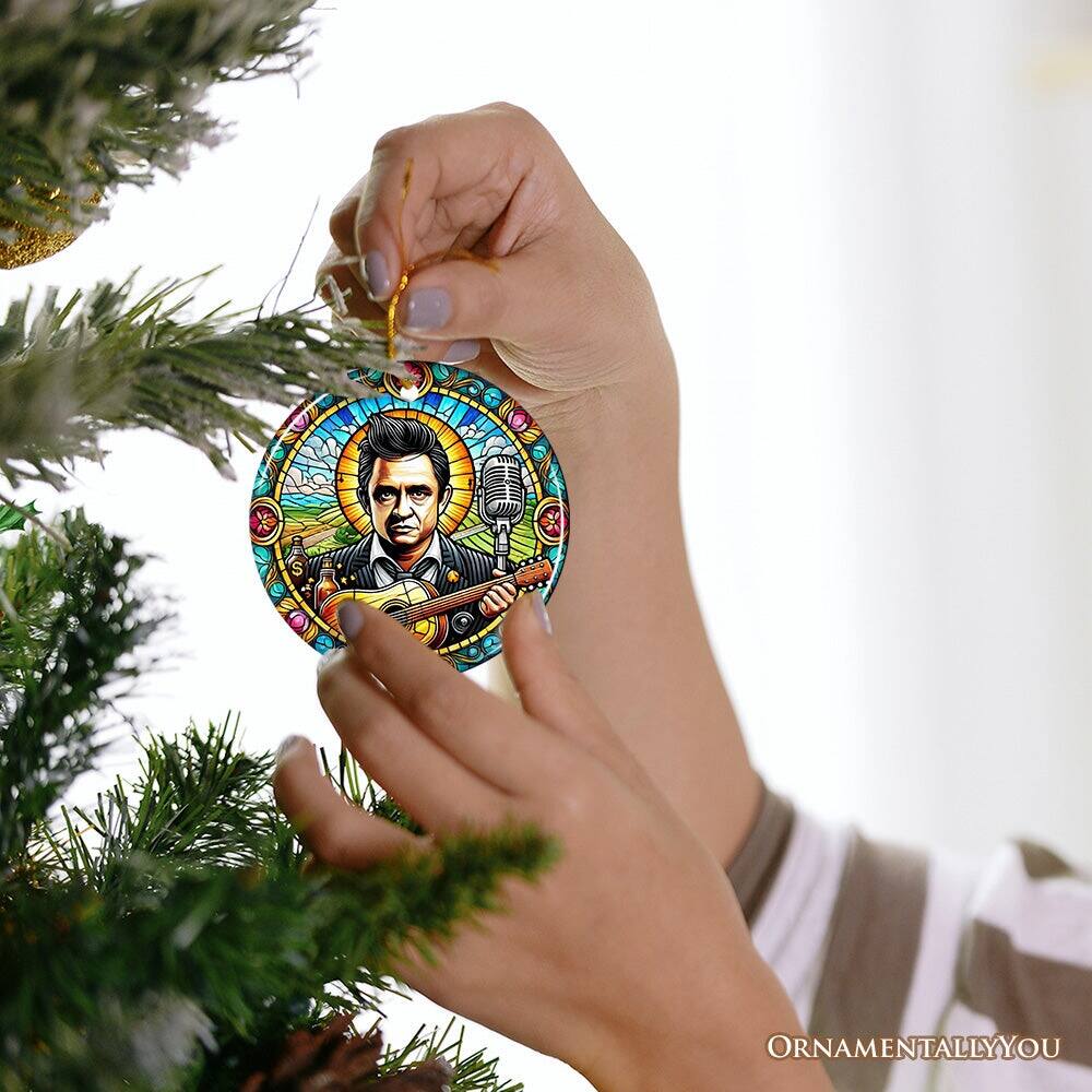 Alt View 1. OrnamentallyYou - Country Rockin Stained Glass Ceramic Christmas Ornament Vintage Pop Art and Johnny Cash - Multi-colored.