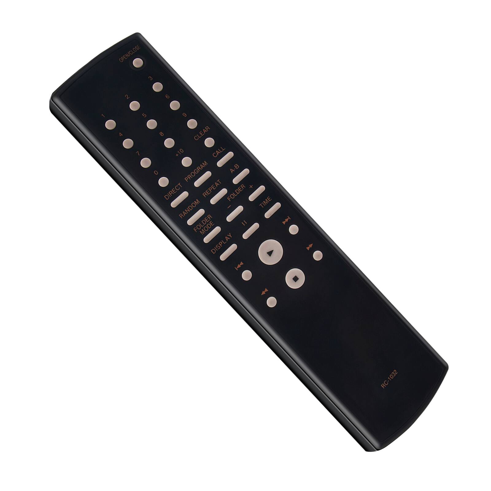 Sure, here is the corrected and grouped text from the image:

**Top Left:**
- OPENIC
- RC-1032

**Top Center:**
- 1 2 3
- 4 5 6
- 7 8 9
- 0

**Top Right:**
- CLEAR
- CALL
- PROGRAM A-B
- DIRECT
- RANDOM
- REPEAT
- FOLDER
- MODE
- DISPLAY

**Middle Right:**
- TIME
- +10

**Bottom Right:**
- RC-1032