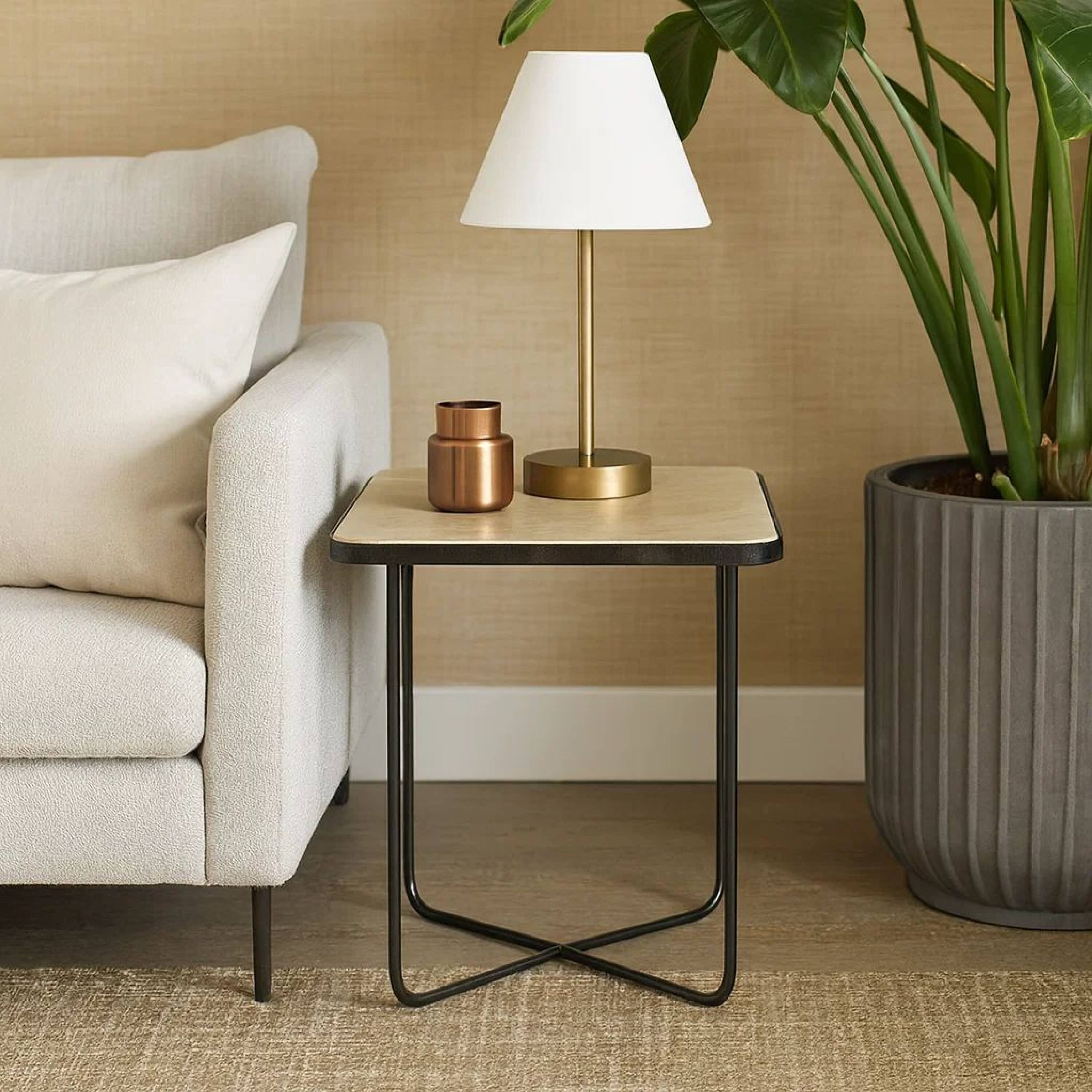 Alt View 2. Manhattan Lane - 24 Inch Square Accent Side End Table, Iron, Travertine Marble Top - Natural, Black.