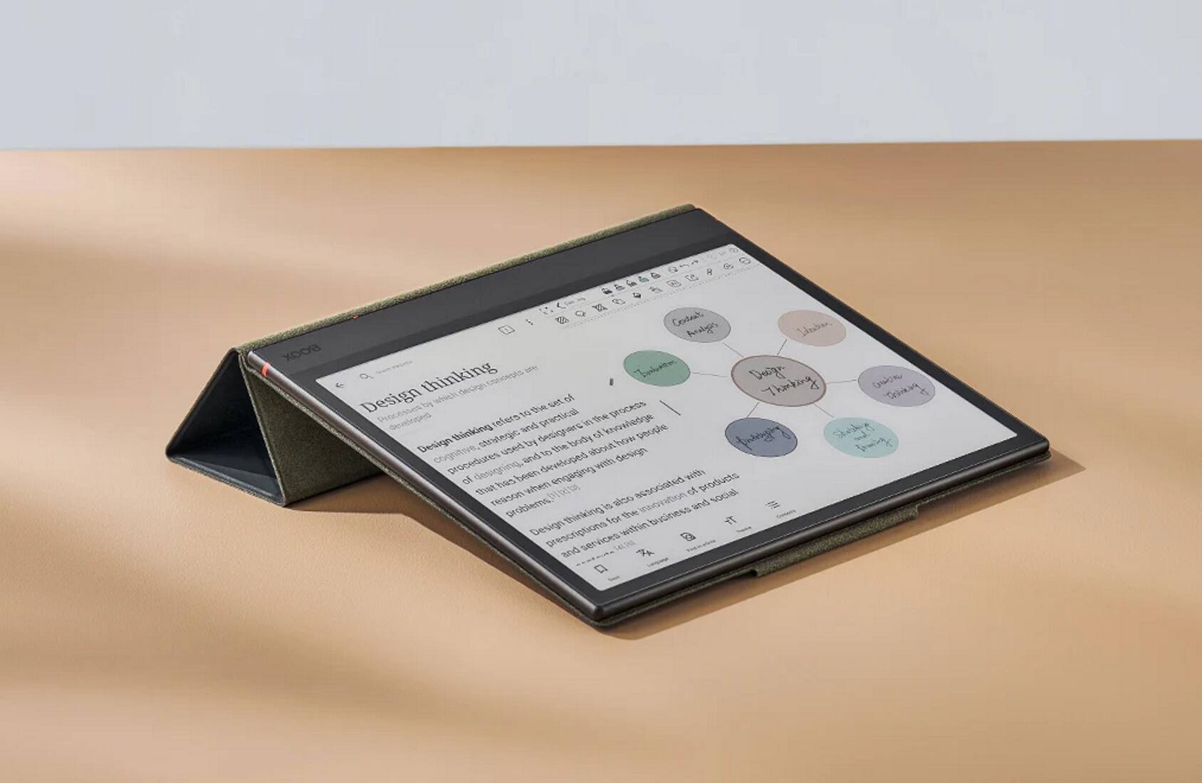 The text on the image reads: "Design thinking is a strategic approach to problem-solving that starts with the needs of the people being served and ends with a new or improved product, service or business model. Design thinking relies on empathy for the context of the problem, creative thinking and iterative prototyping to lead to innovative solutions. It has been applied to a wide range of problems, from consumer products to social issues, and has been associated with increased engagement and innovation in businesses and organizations."