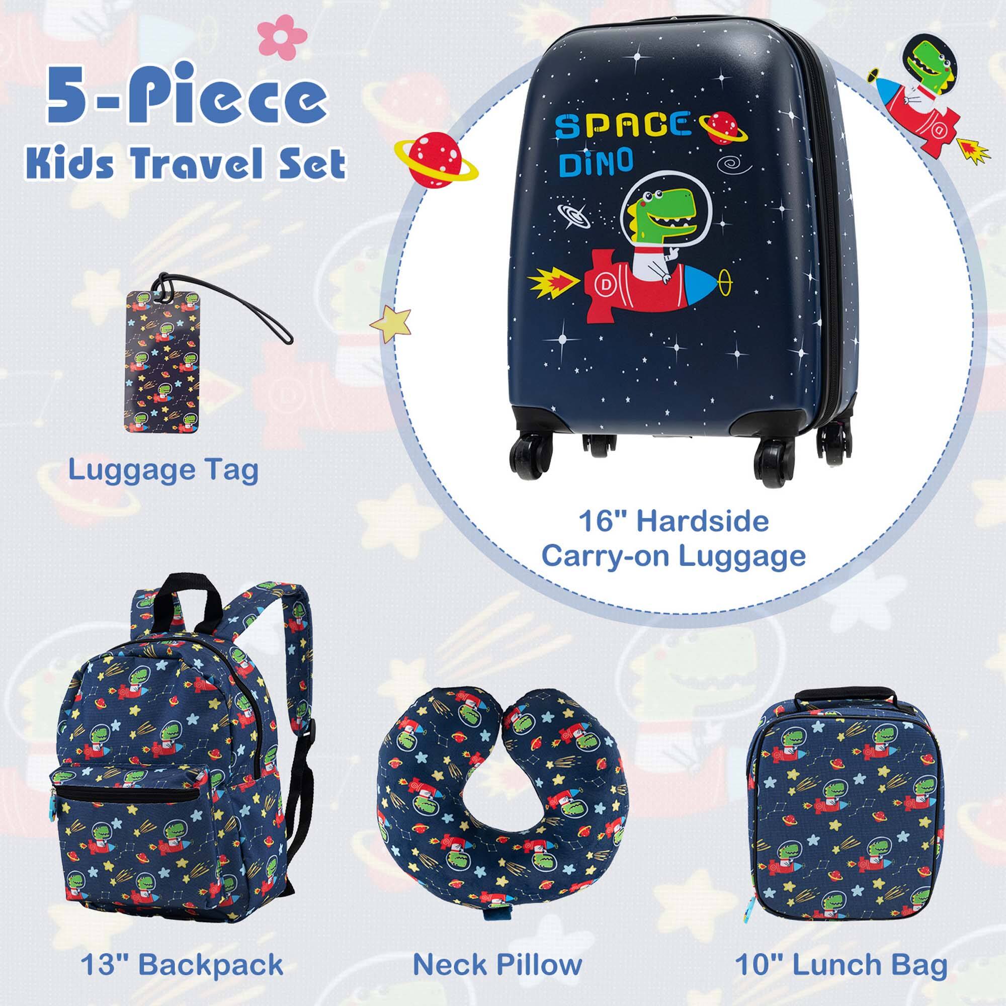 5-Piece Kids Travel Set: SPACE DiNO Jo Luggage Tag, 16" Hardside Carry-on Luggage, 13" Backpack, Neck Pillow, 10" Lunch Bag