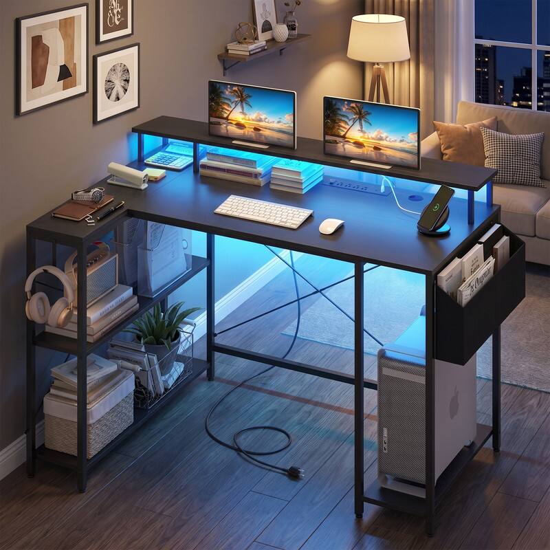 Left. WELLFOR - 48" Computer Desk with LED Lights and Power Outlets, L Shape Desk Gaming Desk with Open Shelf for Home Office - Black.