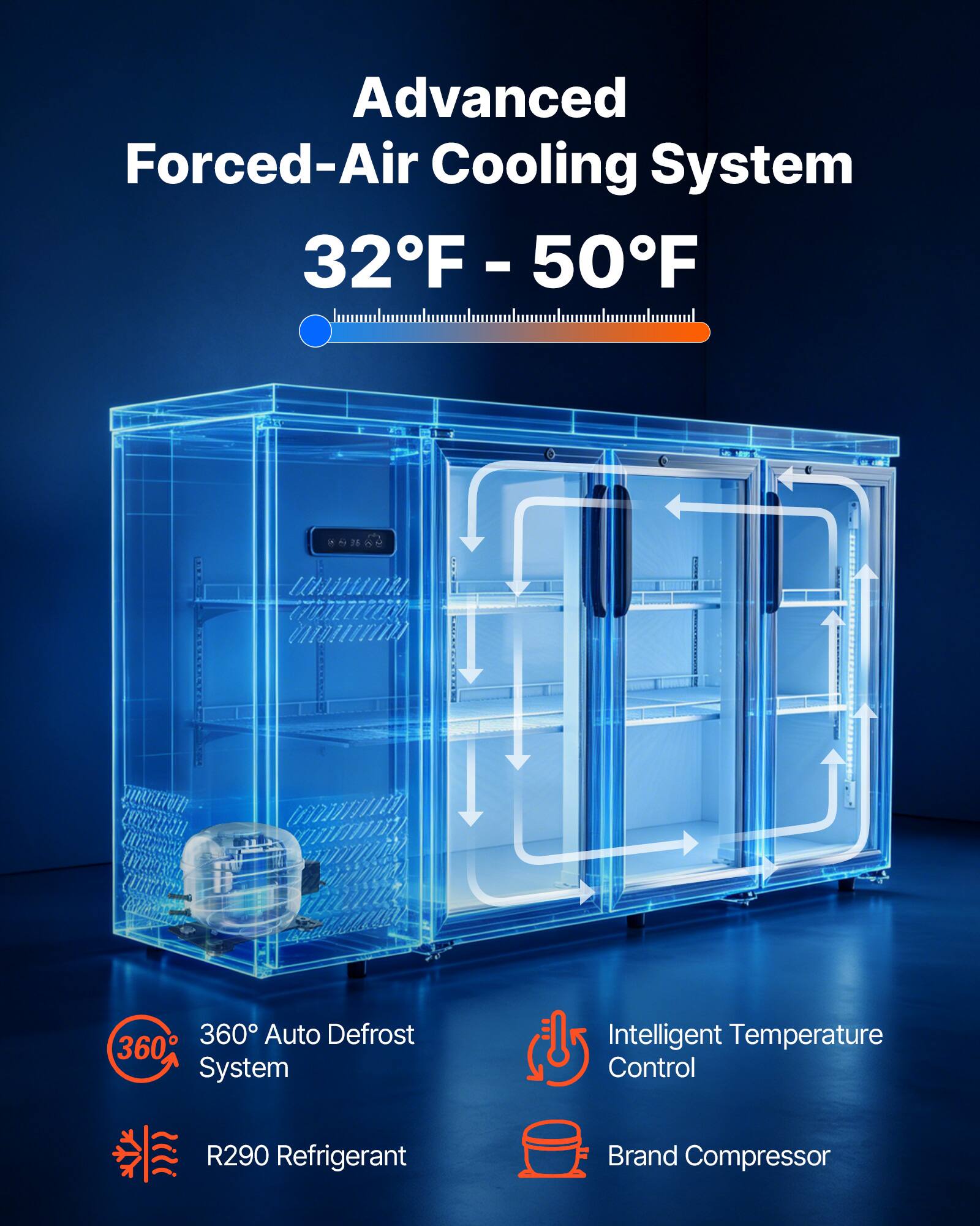 Advanced Forced-Air Cooling System  
32°F - 50°F  
360° Auto Defrost System  
Intelligent Temperature Control  
R290 Refrigerant  
Brand Compressor
