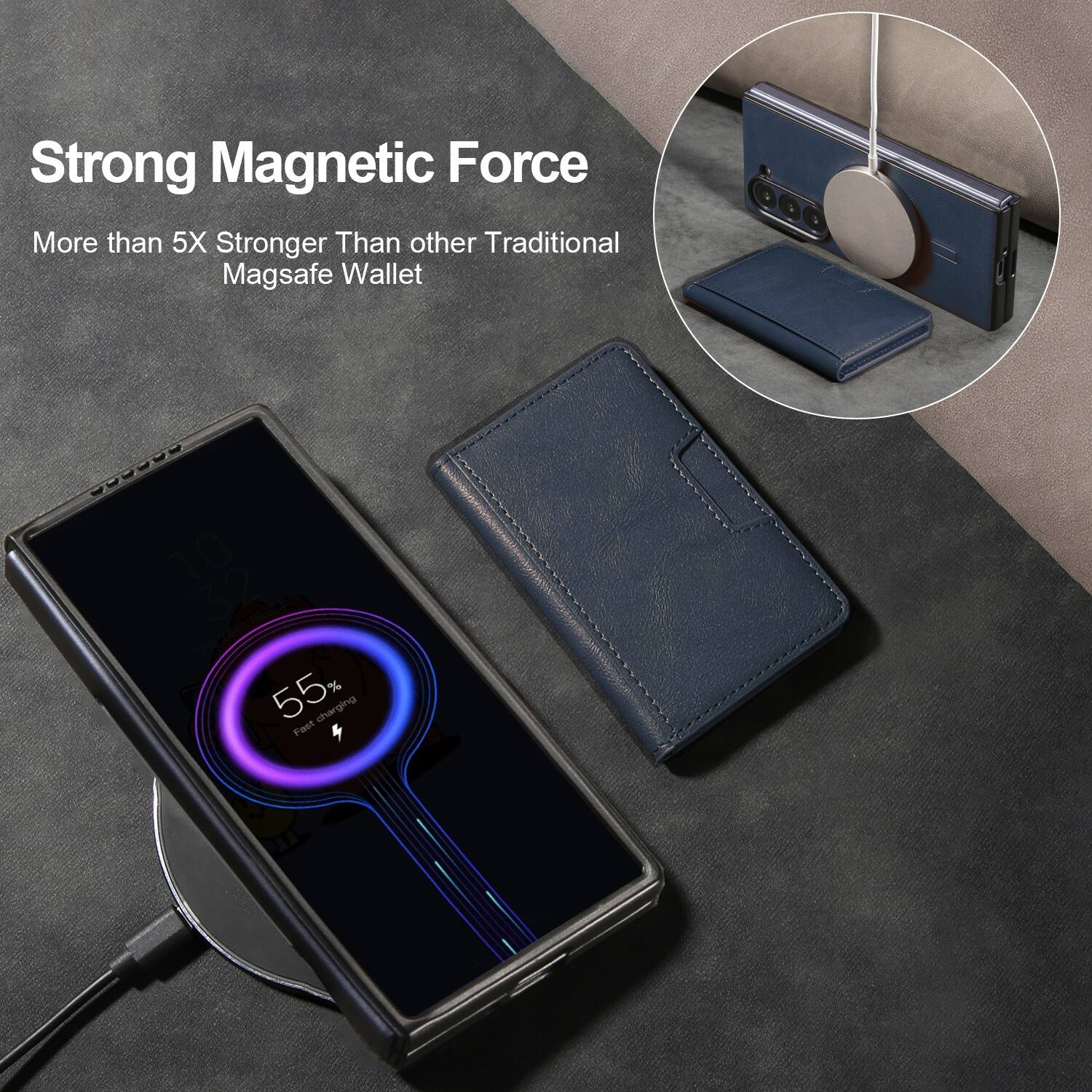 Strong Magnetic Force  
More than 5X Stronger Than other Traditional Magsafe Wallet  

55% Fast Charging