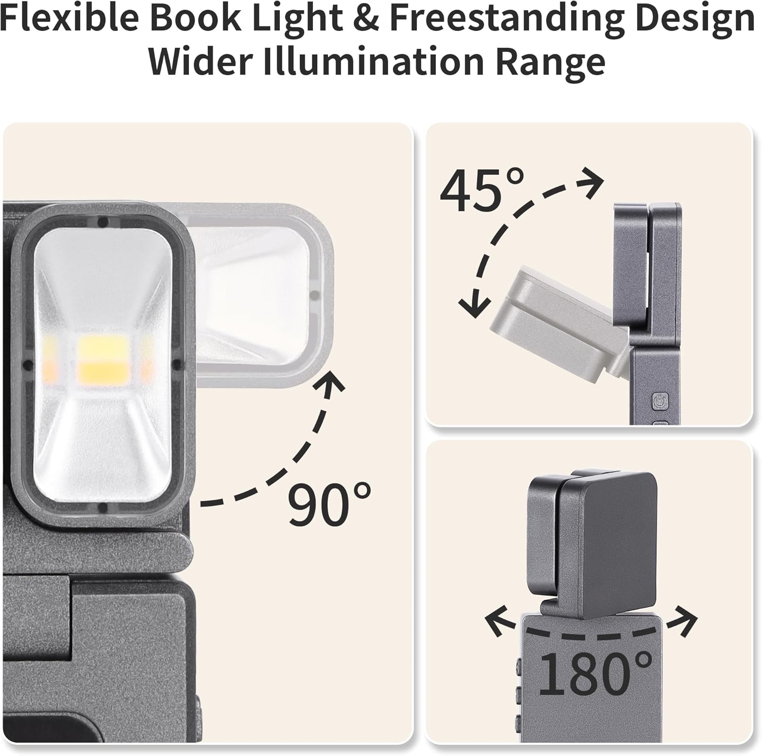 Flexible Book Light & Freestanding Design  
Wider Illumination Range  

45°  
90°  
180°