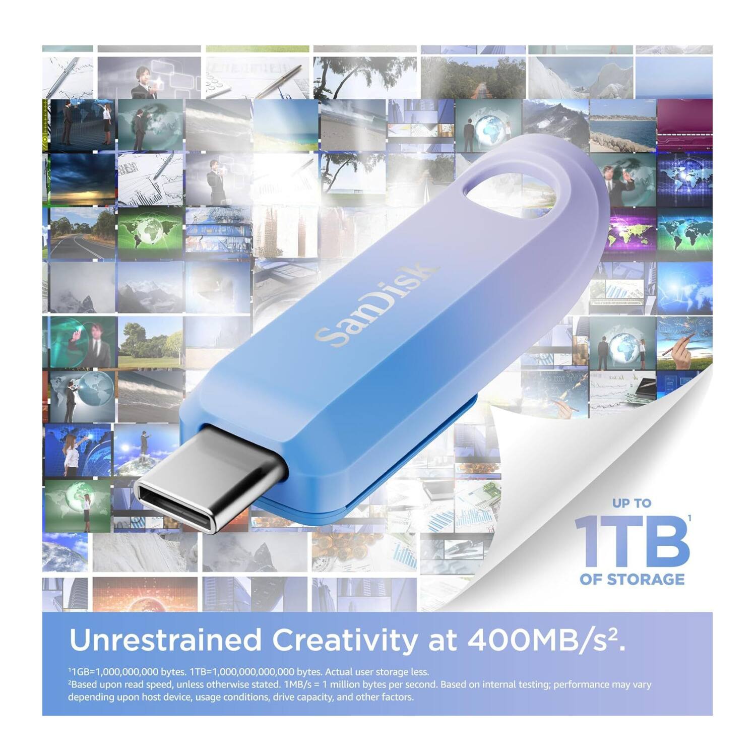 MEIN SamDisk .d UP TO 1TB OF STORAGE Unrestrained Creativity at 400MB/s2. 1GB=1,000,000,000 bytes. 1TB=1,000,000,000,000 bytes. Actual user storage less. "Based upon read speed, unless otherwise stated. 1MB/s = 1 million bytes per second. Based on internal testing; performance may vary depending upon host device, usage conditions, drive capacity, and other factors.
