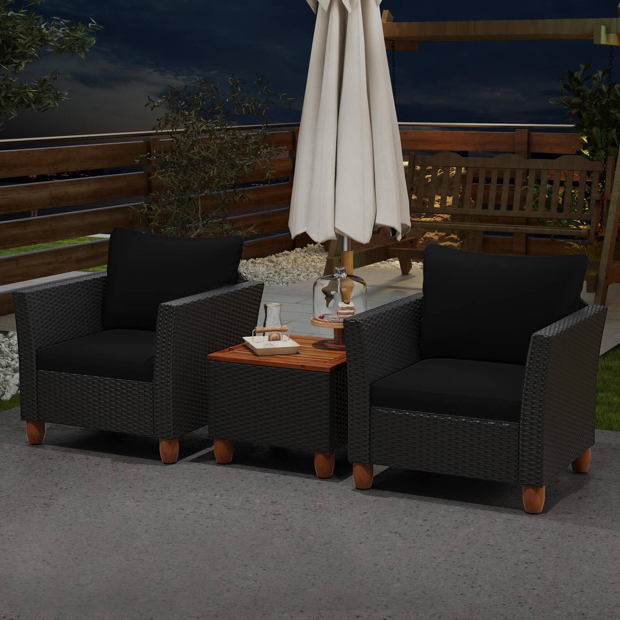 Alt View 4. Costway - Costway 3PCS Patio Rattan Furniture Set Cushioned Sofa Storage Table with Wood Top - Black.