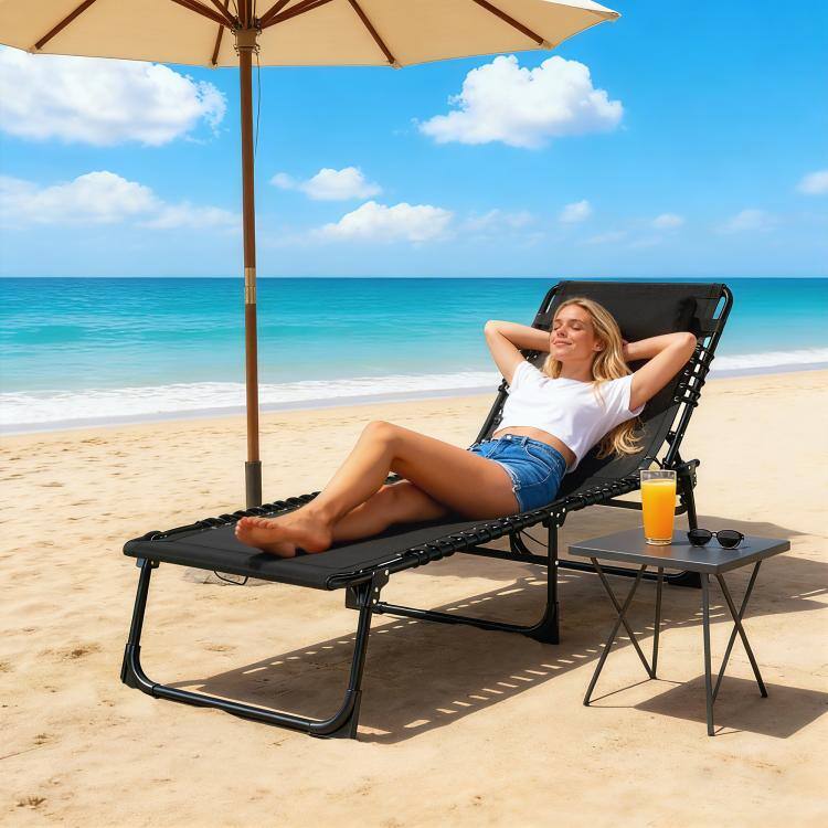 Alt View 1. PULUZ - Folding Chaise Lounge Pool Chair with 4-Position Reclining Back, Pillow, Breathable Mesh & Bungee Seat - Black.