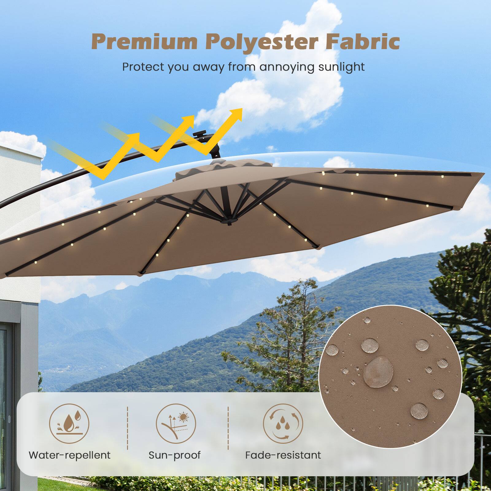 Premium Polyester Fabric, Protect you away from annoying sunlight, Water-repellent, Sun-proof, Fade-resistant