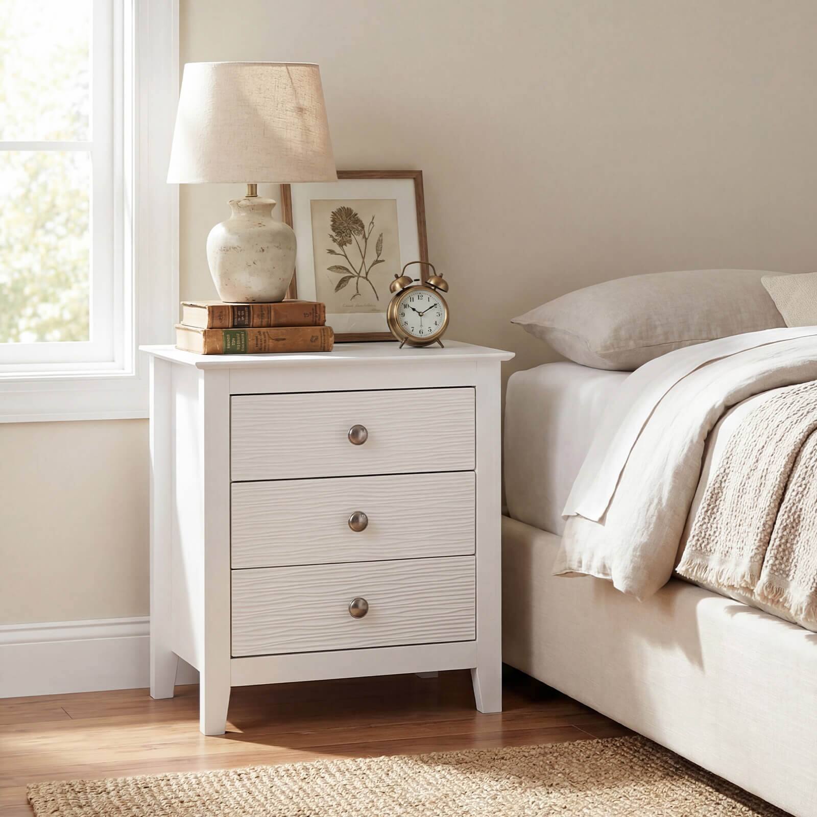 Alt View 3. Costway - Costway 2PCS Nightstand, Farmhouse 3-Drawer Night Stand with Wood Grain Accents Sleek Knobs - White.