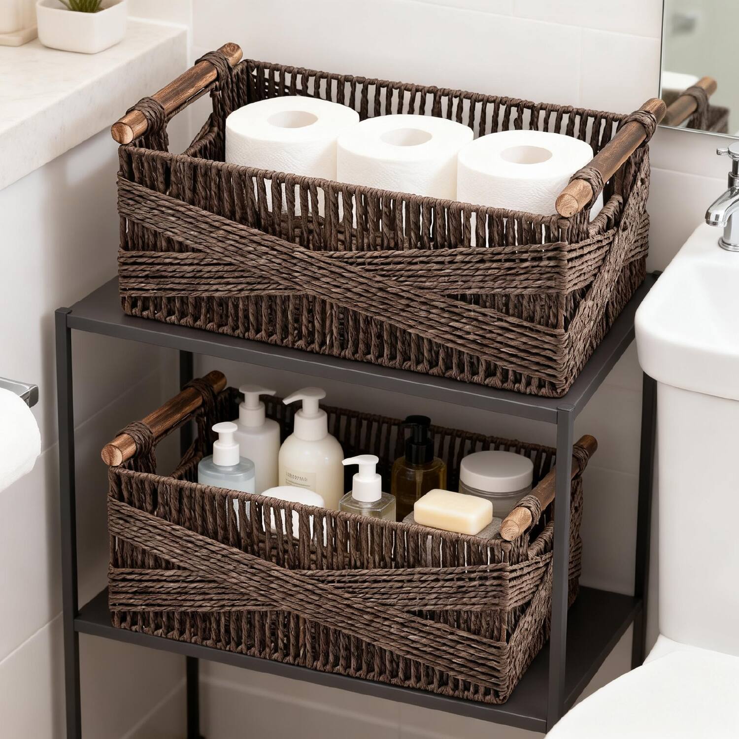 Back. Garnen - Wicker Basket Storage with Handle, 13" & 15" Woven Baskets for Shelves, Wicker Baskets Rectangular Shelf Baskets, Brown - Brown.