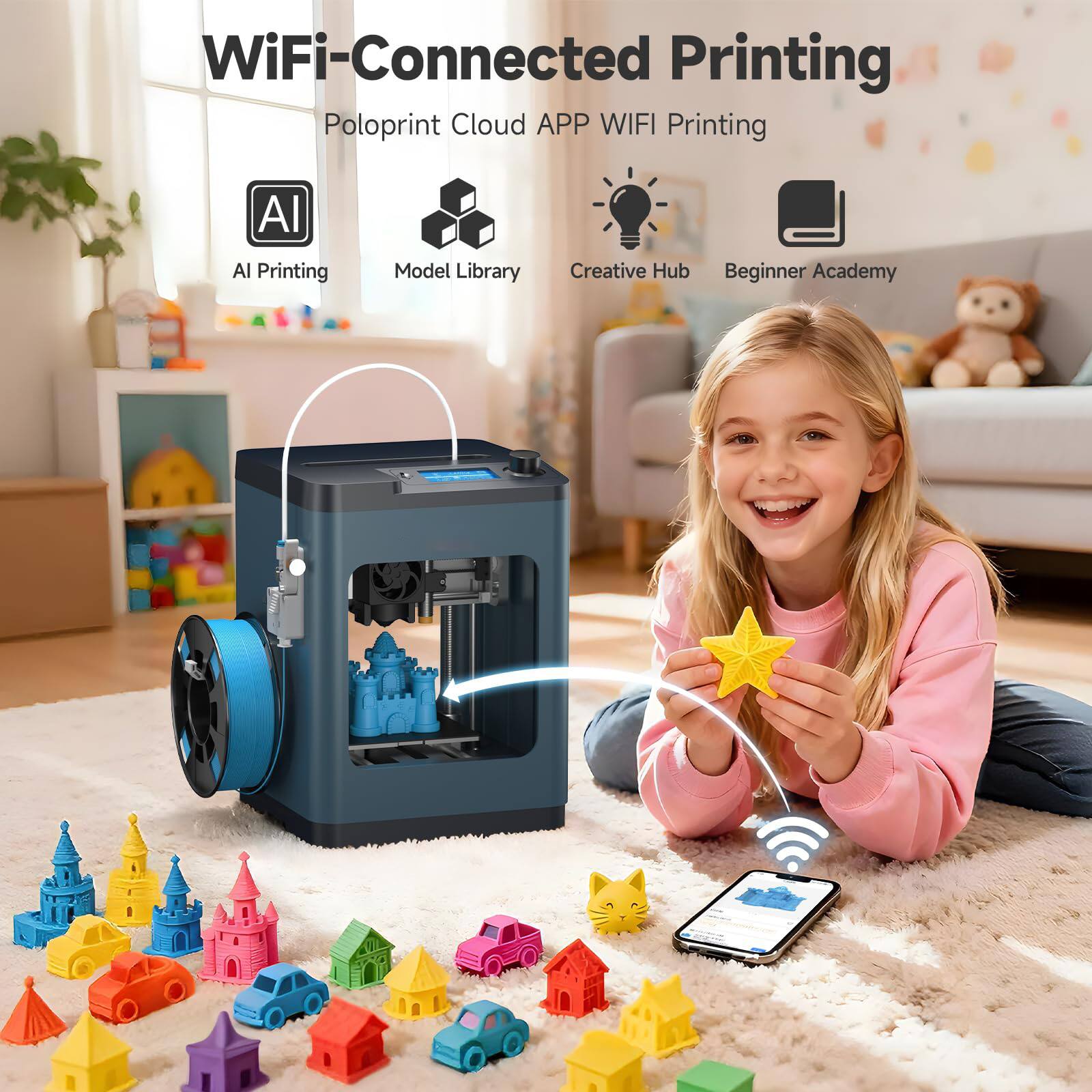 WiFi-Connected Printing  
PoloPrint Cloud APP WIFI Printing  
AI Printing  
Model Library  
Creative Hub  
Beginner Academy